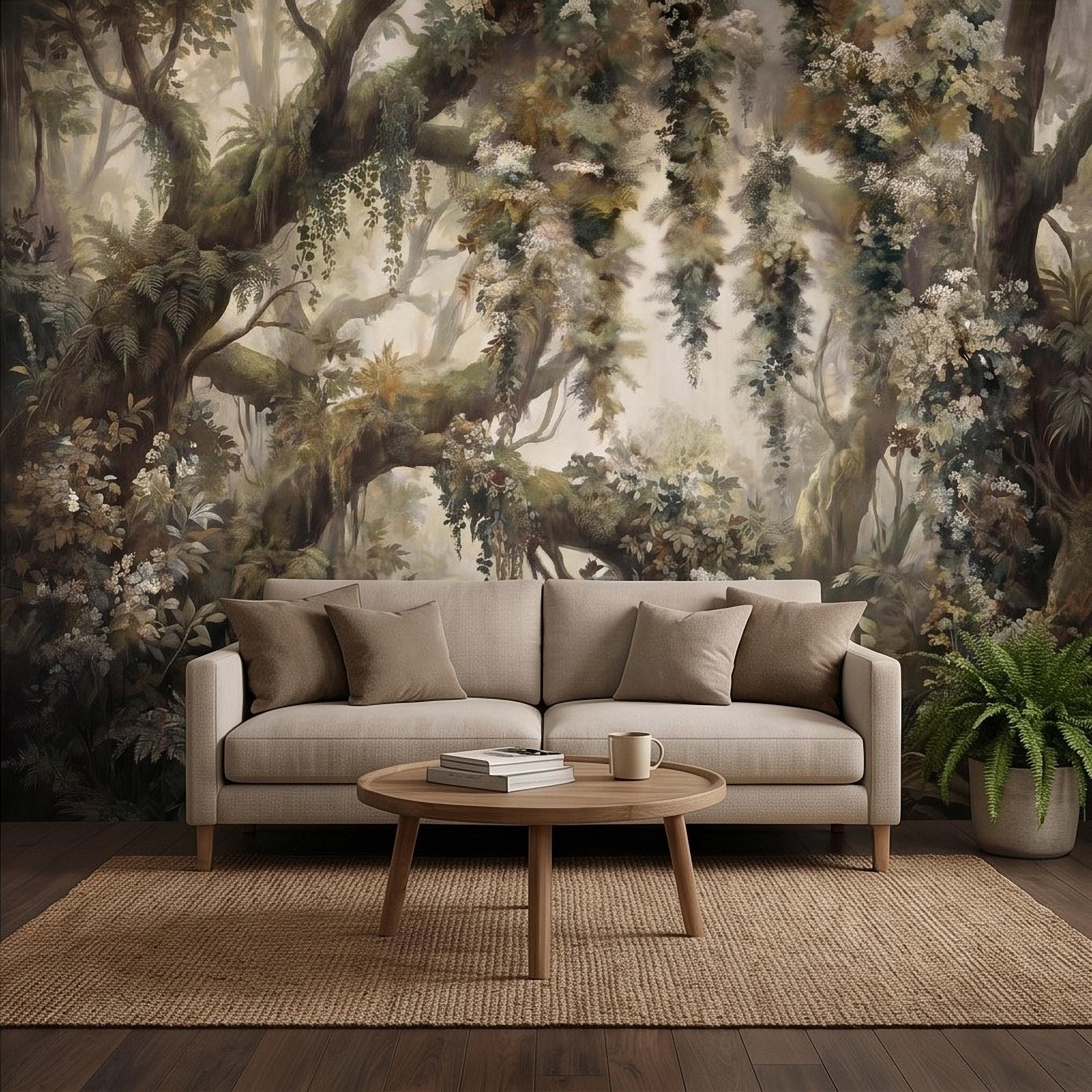 Vintage Forest Peel and Stick Wall Mural, Enchanted Woodland Landscape, Mossy Trees and Wildflowers Botanical Nature Wallpaper