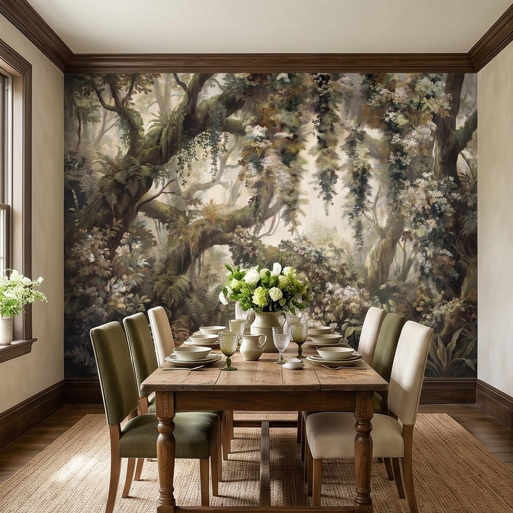Vintage Forest Peel and Stick Wall Mural, Enchanted Woodland Landscape, Mossy Trees and Wildflowers Botanical Nature Wallpaper