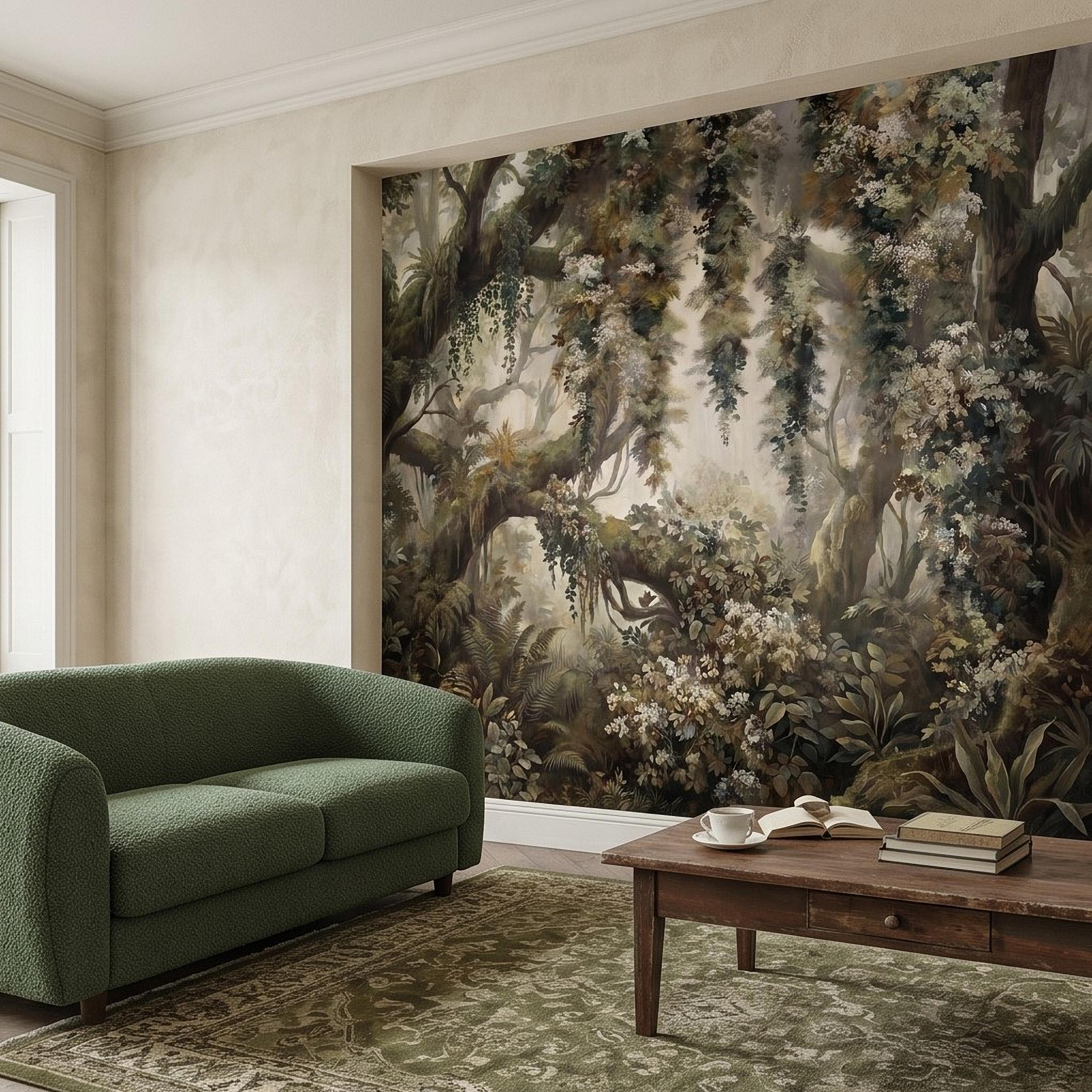 Vintage Forest Peel and Stick Wall Mural, Enchanted Woodland Landscape, Mossy Trees and Wildflowers Botanical Nature Wallpaper