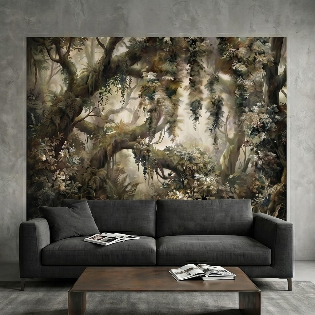Vintage Forest Peel and Stick Wall Mural, Enchanted Woodland Landscape, Mossy Trees and Wildflowers Botanical Nature Wallpaper