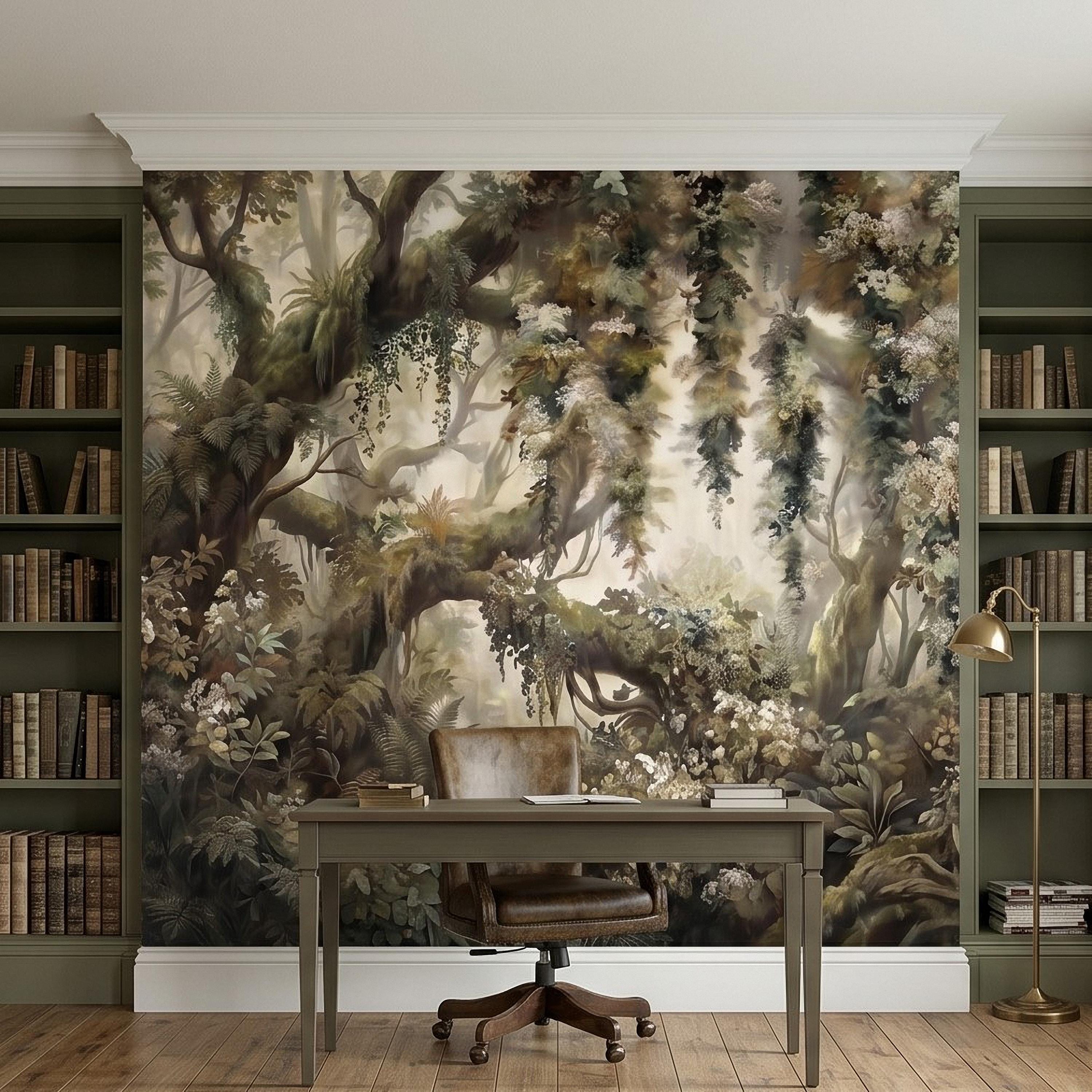 Vintage Forest Peel and Stick Wall Mural, Enchanted Woodland Landscape, Mossy Trees and Wildflowers Botanical Nature Wallpaper