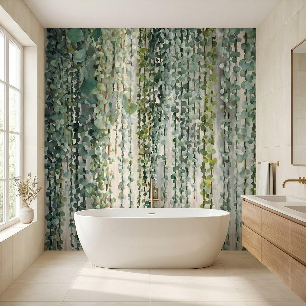 Eucalyptus Vine Peel and Stick Wall Mural, Cascading Greenery Leaves, Hanging Botanical Garden Scene Sage Green Wallpaper
