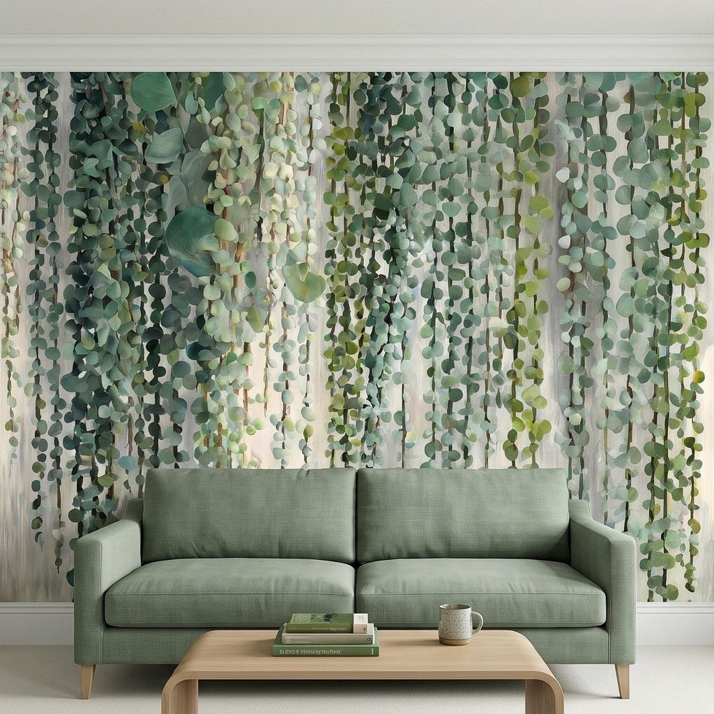 Eucalyptus Vine Peel and Stick Wall Mural, Cascading Greenery Leaves, Hanging Botanical Garden Scene Sage Green Wallpaper