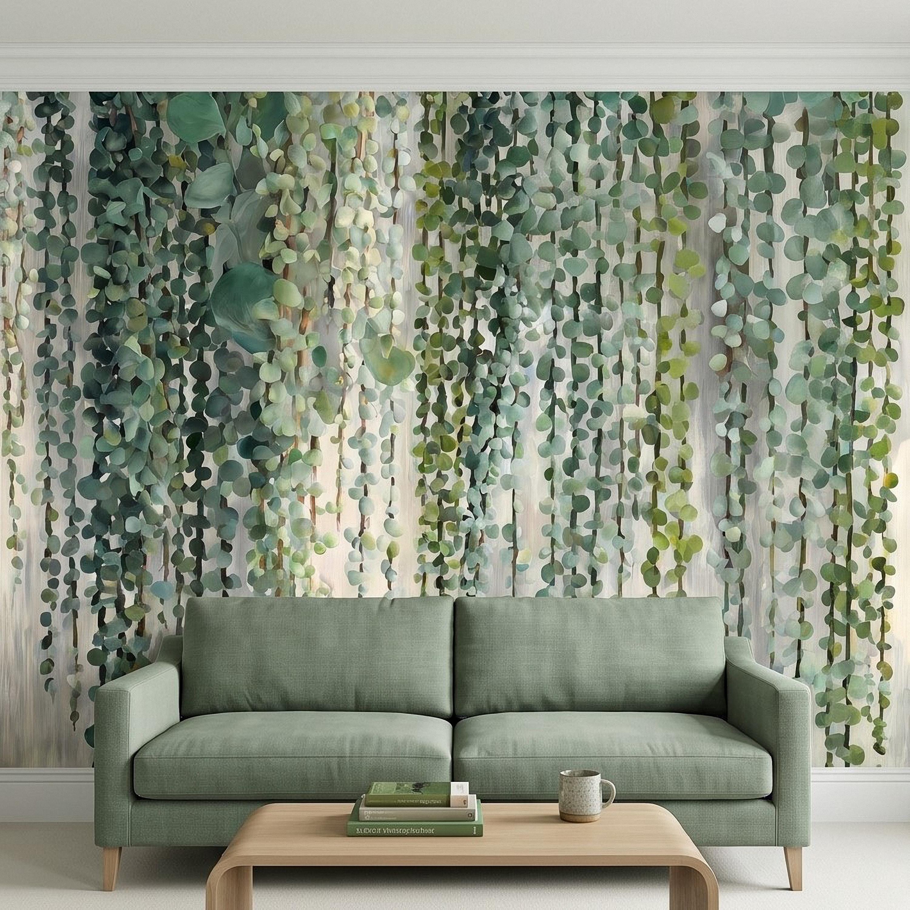 Eucalyptus Vine Peel and Stick Wall Mural, Cascading Greenery Leaves, Hanging Botanical Garden Scene Sage Green Wallpaper