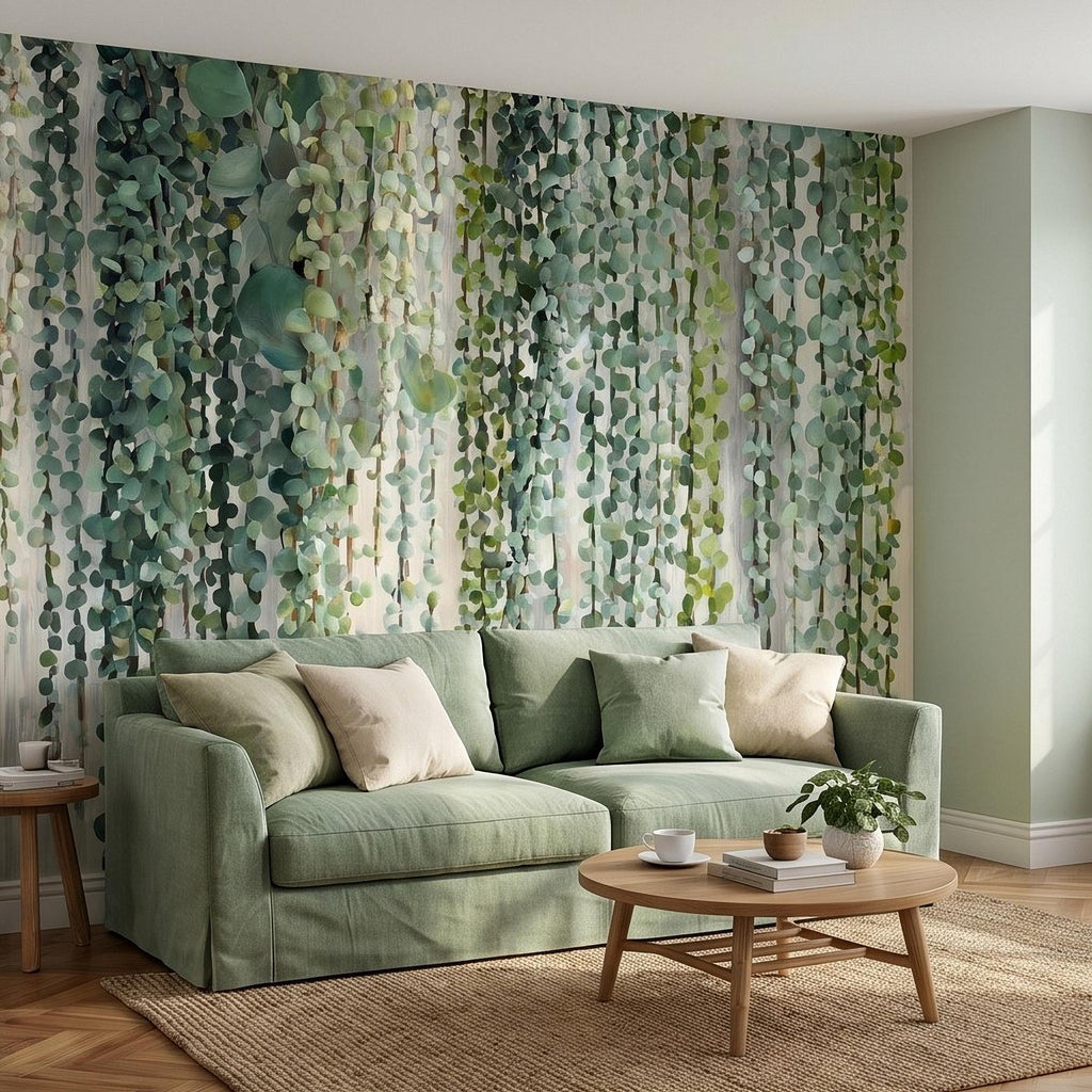 Eucalyptus Vine Peel and Stick Wall Mural, Cascading Greenery Leaves, Hanging Botanical Garden Scene Sage Green Wallpaper