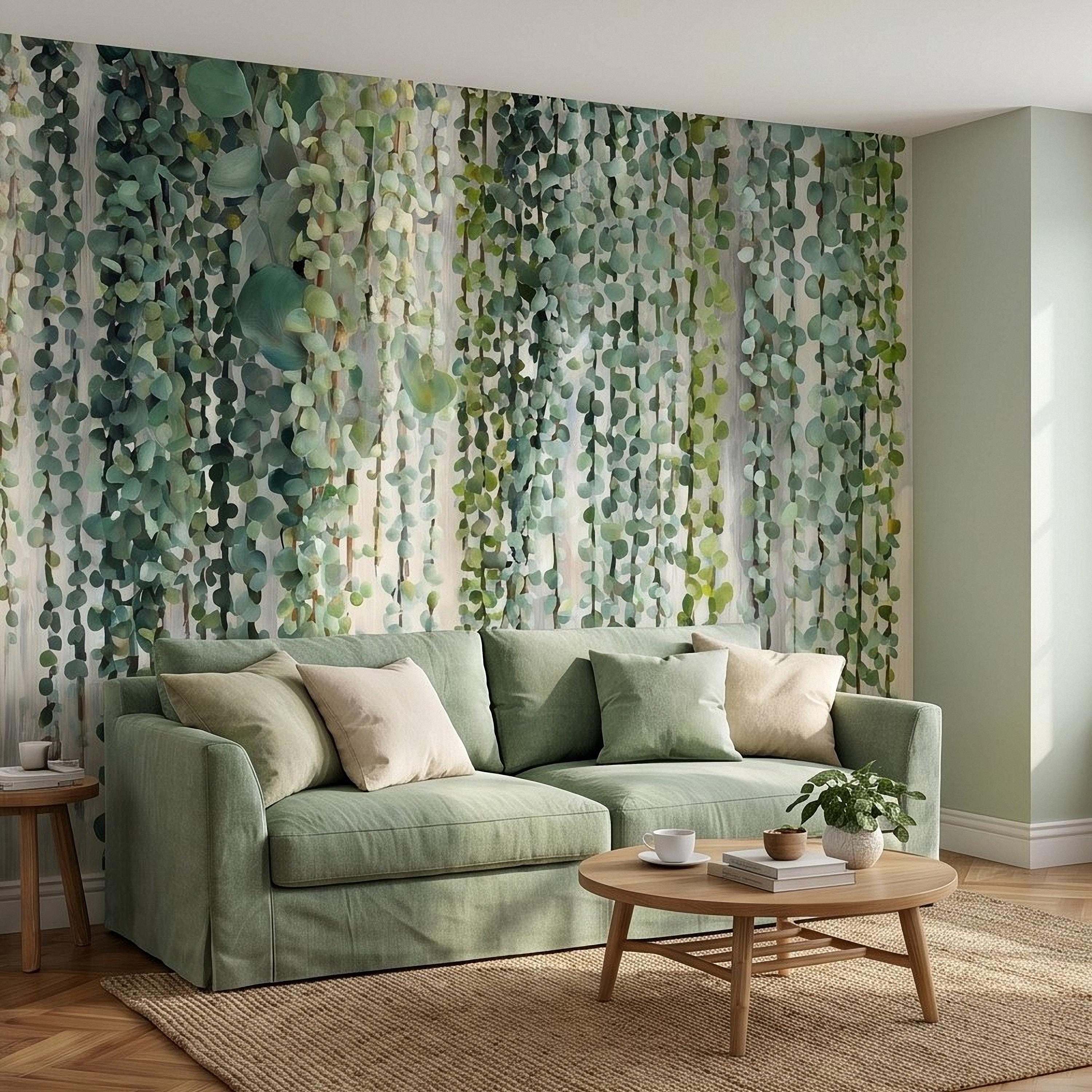 Eucalyptus Vine Peel and Stick Wall Mural, Cascading Greenery Leaves, Hanging Botanical Garden Scene Sage Green Wallpaper