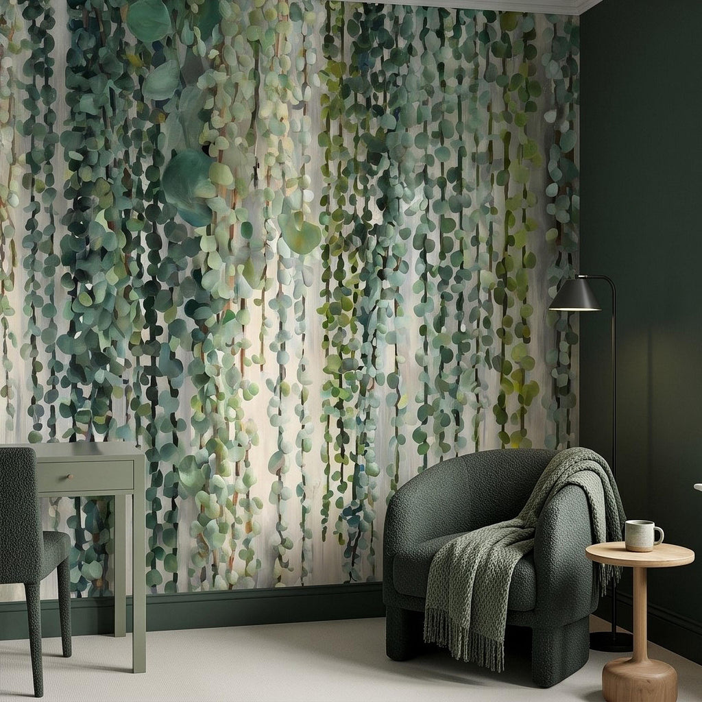 Eucalyptus Vine Peel and Stick Wall Mural, Cascading Greenery Leaves, Hanging Botanical Garden Scene Sage Green Wallpaper