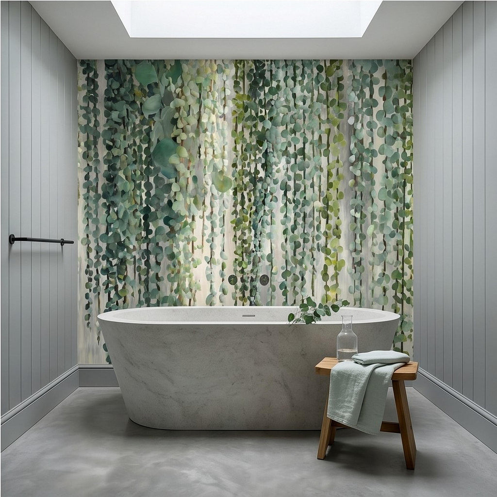 Eucalyptus Vine Peel and Stick Wall Mural, Cascading Greenery Leaves, Hanging Botanical Garden Scene Sage Green Wallpaper
