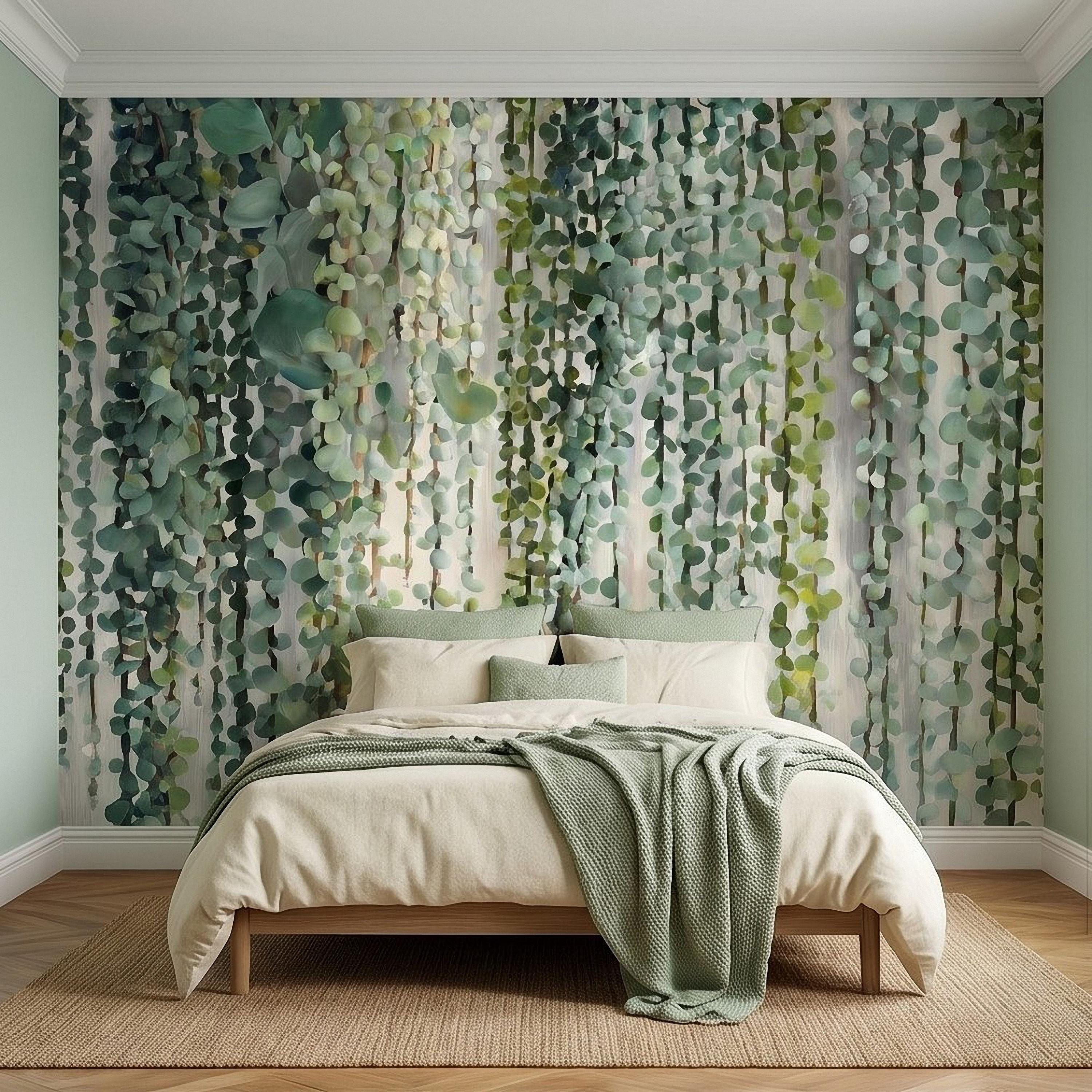 Eucalyptus Vine Peel and Stick Wall Mural, Cascading Greenery Leaves, Hanging Botanical Garden Scene Sage Green Wallpaper