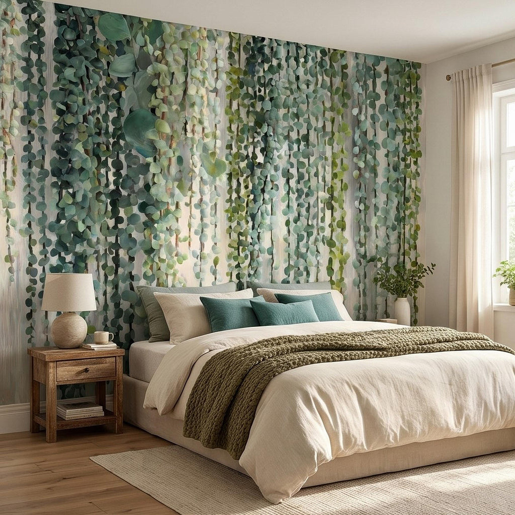 Eucalyptus Vine Peel and Stick Wall Mural, Cascading Greenery Leaves, Hanging Botanical Garden Scene Sage Green Wallpaper