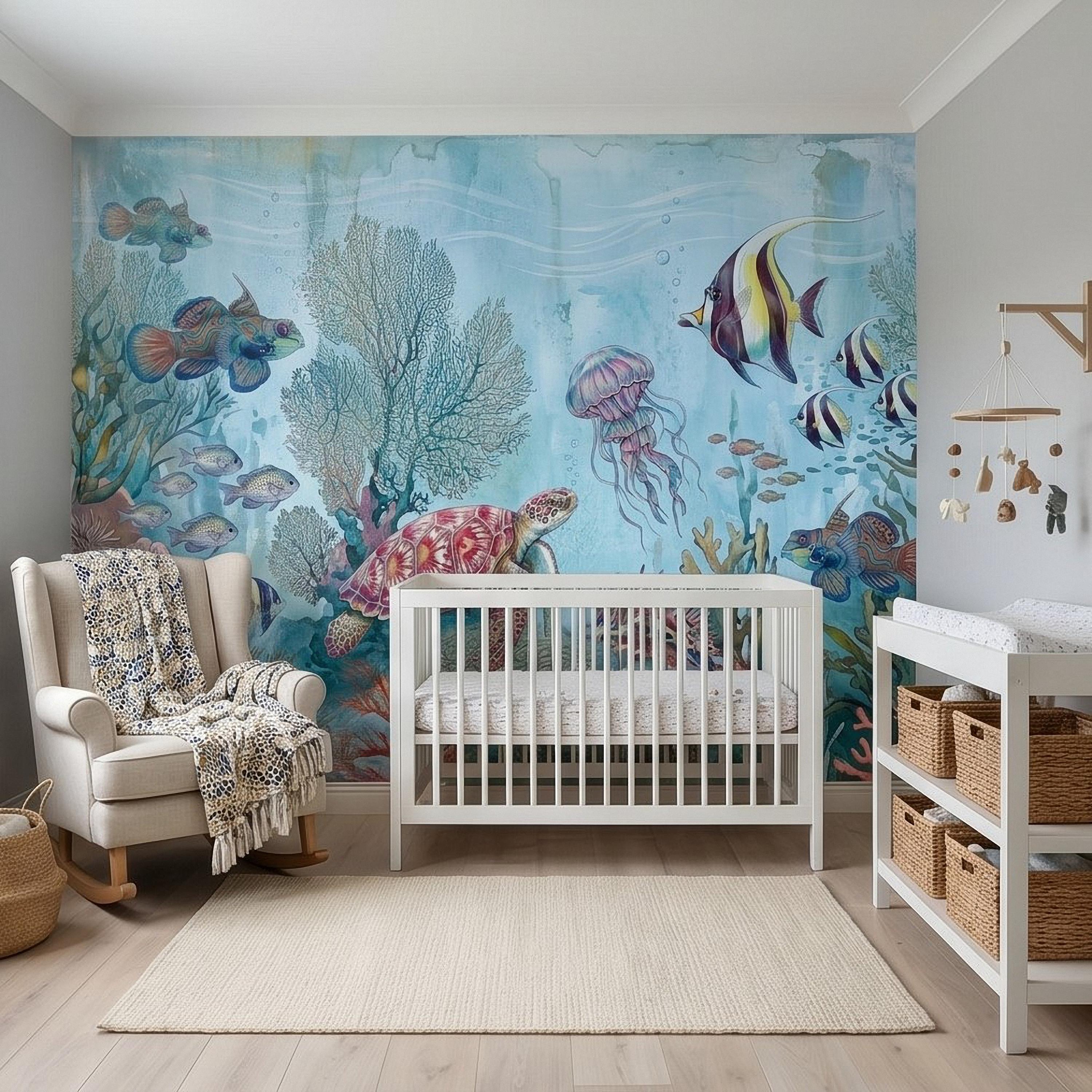 Underwater Ocean Peel and Stick Wall Mural, Watercolor Sea Life with Turtle Jellyfish and Tropical Fish, Coastal Kids Nursery Wallpaper