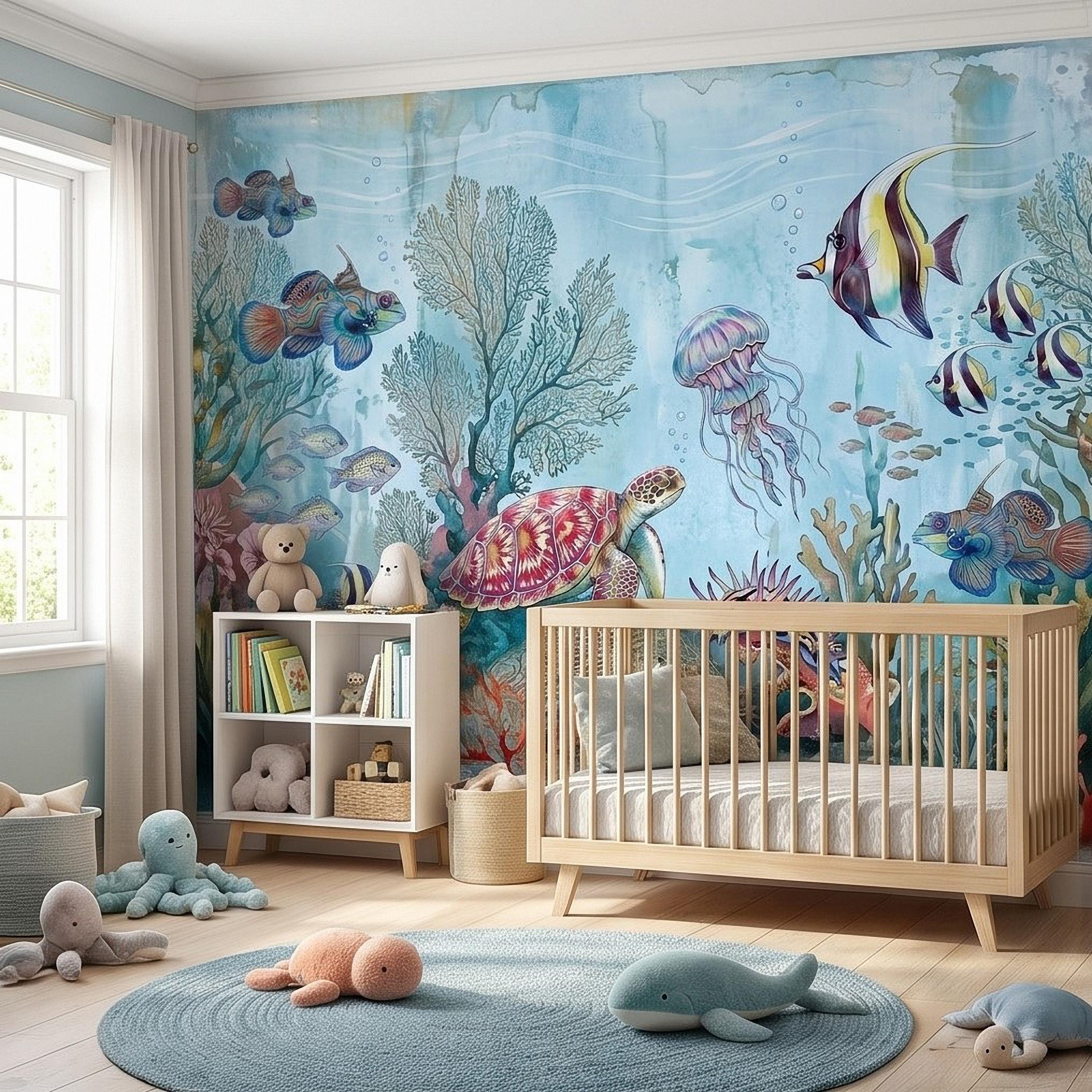 Underwater Ocean Peel and Stick Wall Mural, Watercolor Sea Life with Turtle Jellyfish and Tropical Fish, Coastal Kids Nursery Wallpaper