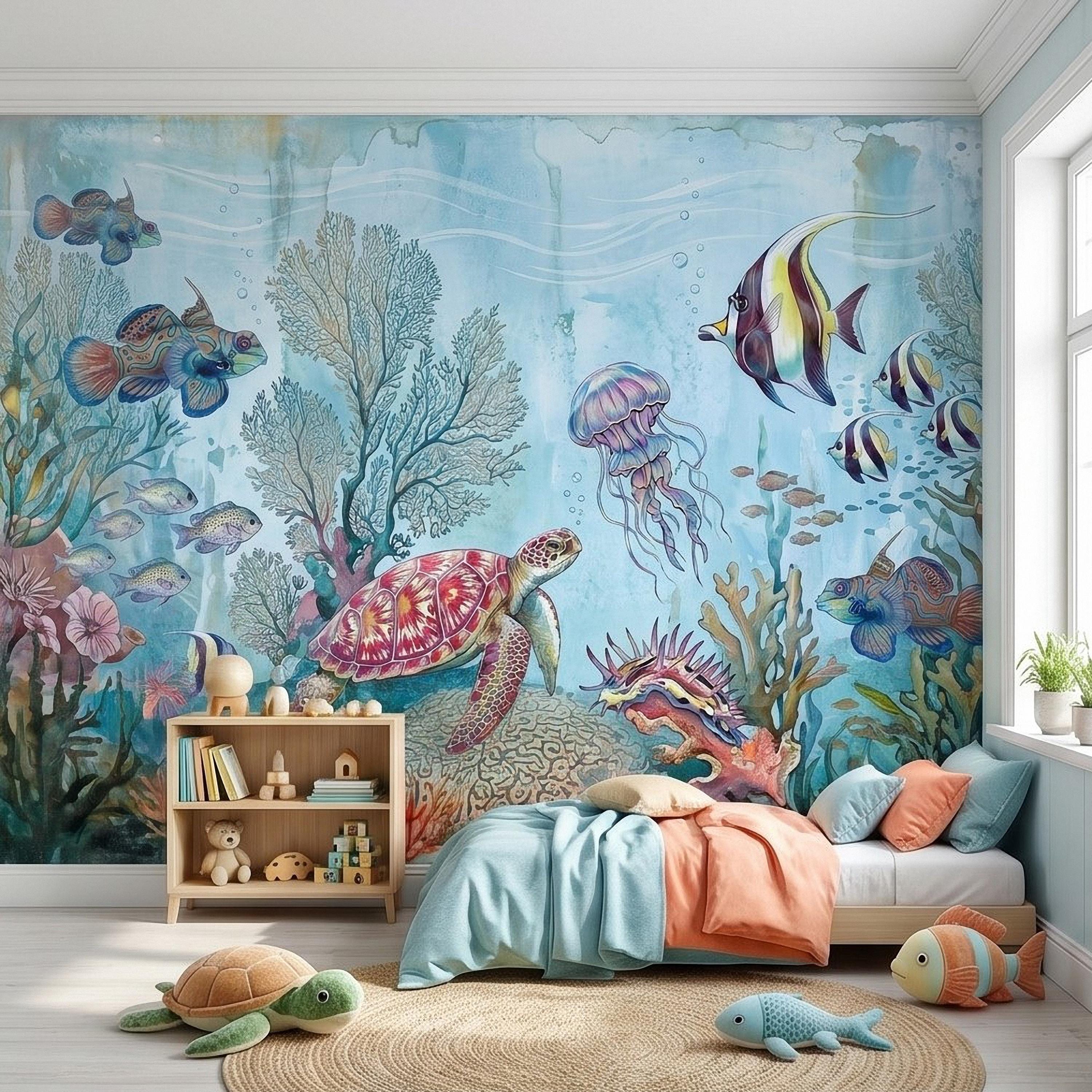 Underwater Ocean Peel and Stick Wall Mural, Watercolor Sea Life with Turtle Jellyfish and Tropical Fish, Coastal Kids Nursery Wallpaper