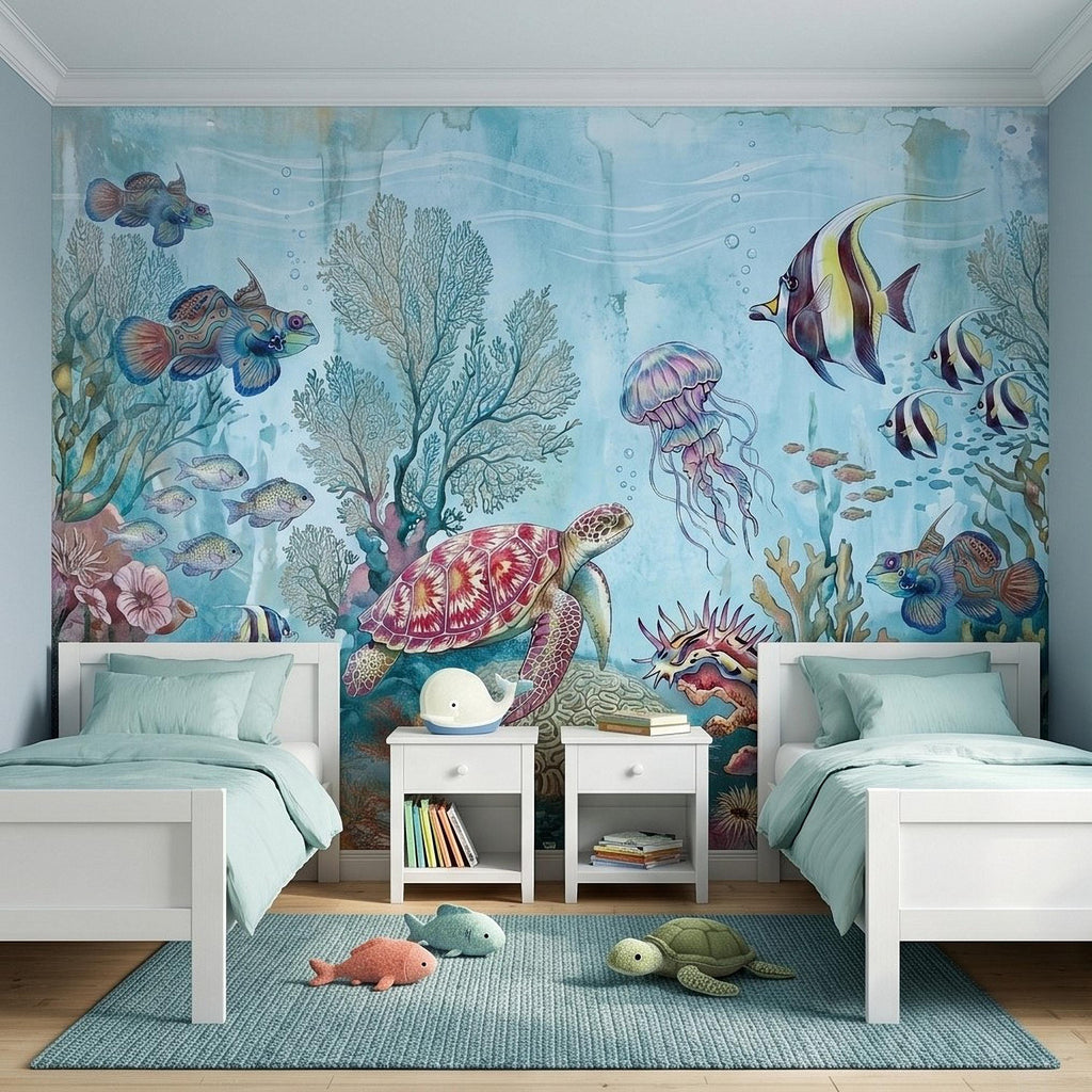 Underwater Ocean Peel and Stick Wall Mural, Watercolor Sea Life with Turtle Jellyfish and Tropical Fish, Coastal Kids Nursery Wallpaper