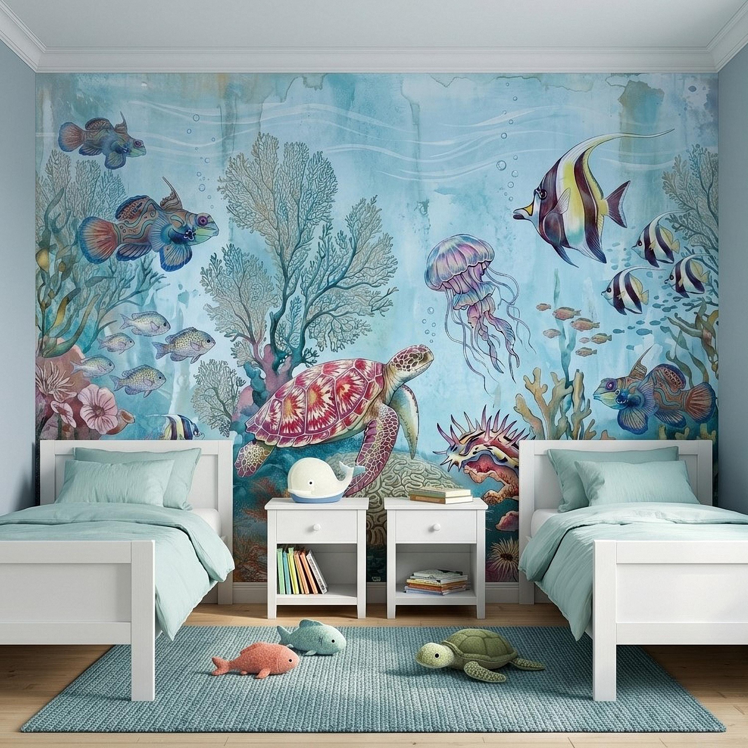 Underwater Ocean Peel and Stick Wall Mural, Watercolor Sea Life with Turtle Jellyfish and Tropical Fish, Coastal Kids Nursery Wallpaper