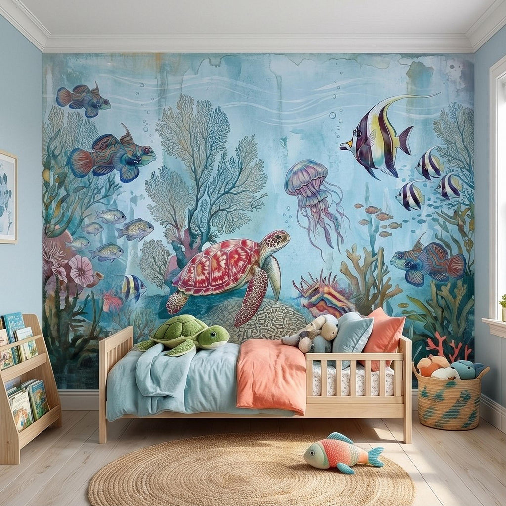 Underwater Ocean Peel and Stick Wall Mural, Watercolor Sea Life with Turtle Jellyfish and Tropical Fish, Coastal Kids Nursery Wallpaper