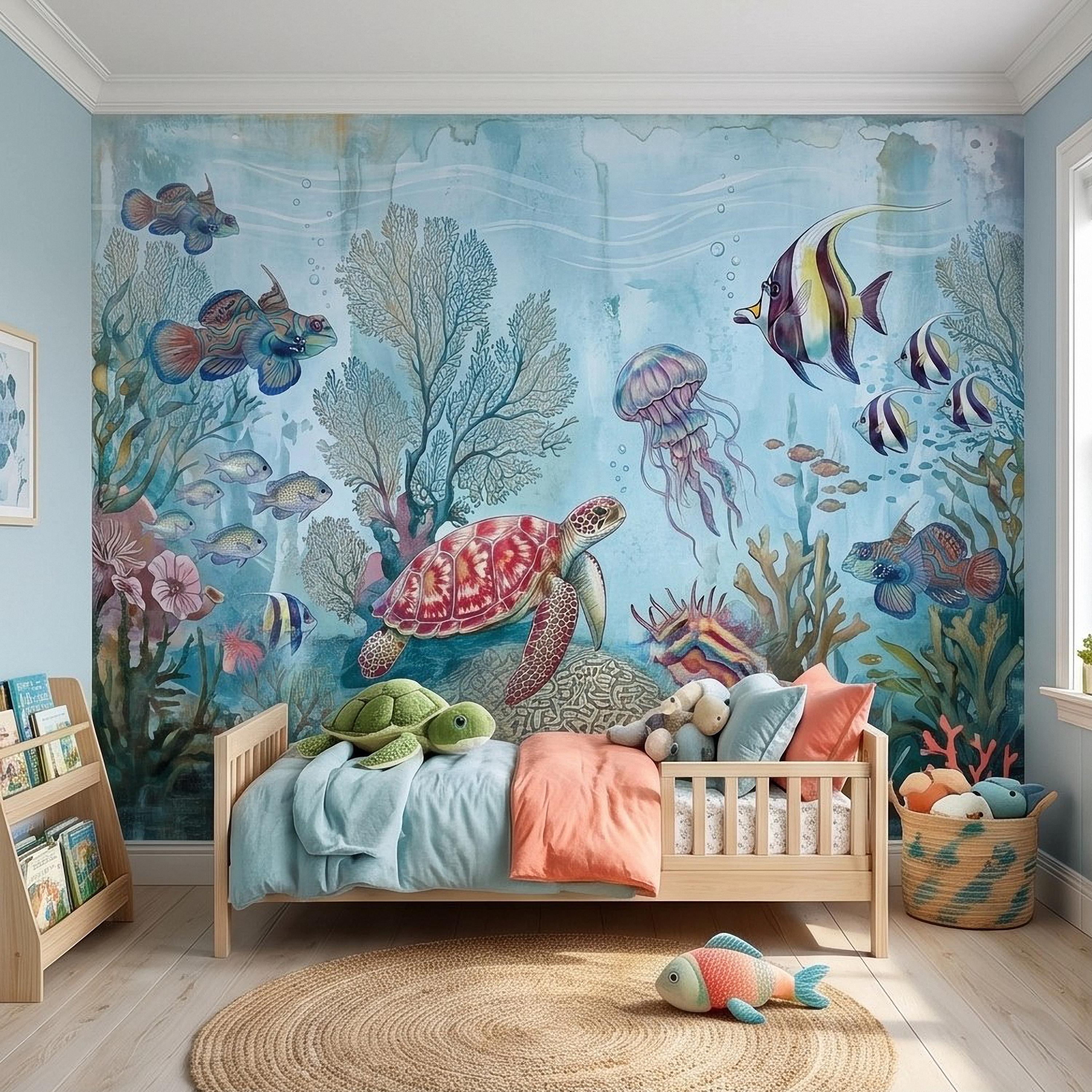 Underwater Ocean Peel and Stick Wall Mural, Watercolor Sea Life with Turtle Jellyfish and Tropical Fish, Coastal Kids Nursery Wallpaper