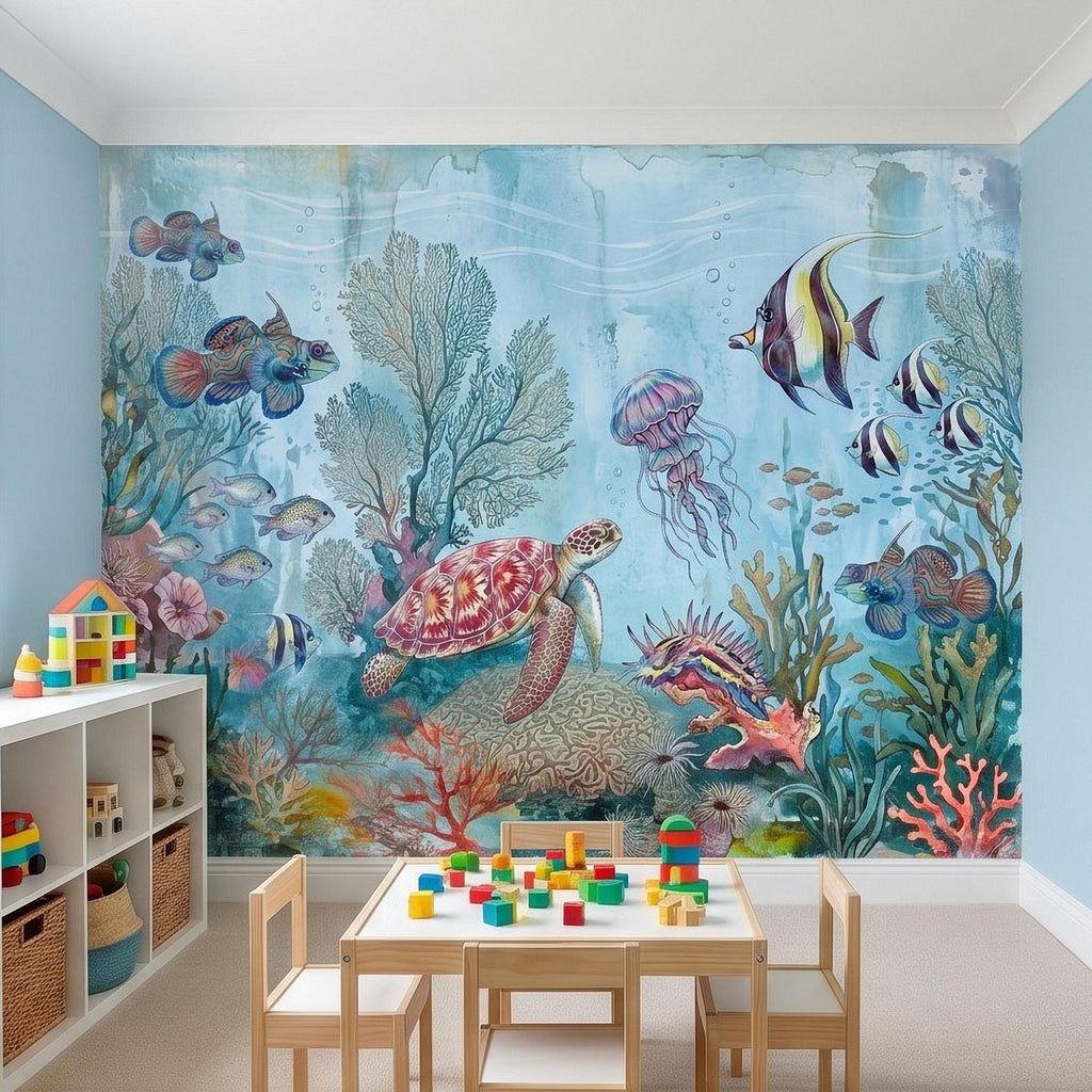 Underwater Ocean Peel and Stick Wall Mural, Watercolor Sea Life with Turtle Jellyfish and Tropical Fish, Coastal Kids Nursery Wallpaper