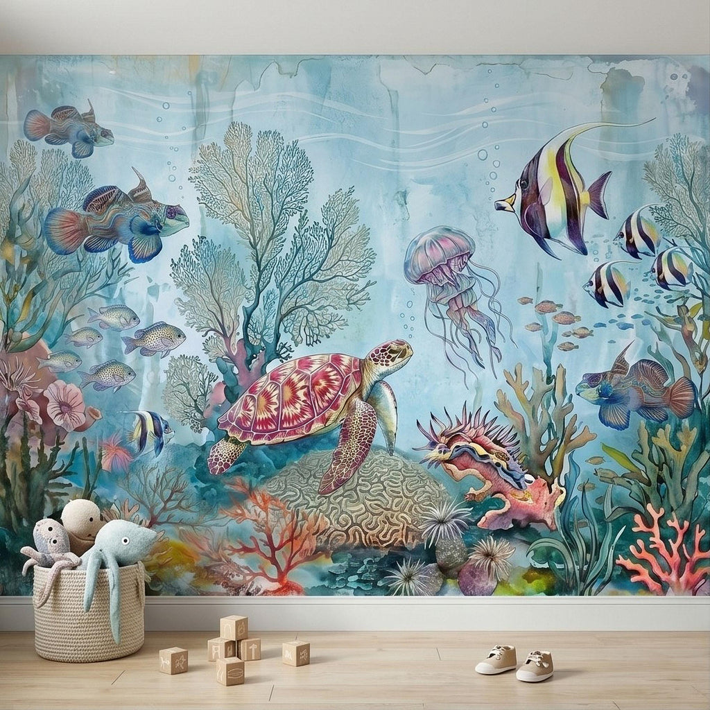 Underwater Ocean Peel and Stick Wall Mural, Watercolor Sea Life with Turtle Jellyfish and Tropical Fish, Coastal Kids Nursery Wallpaper