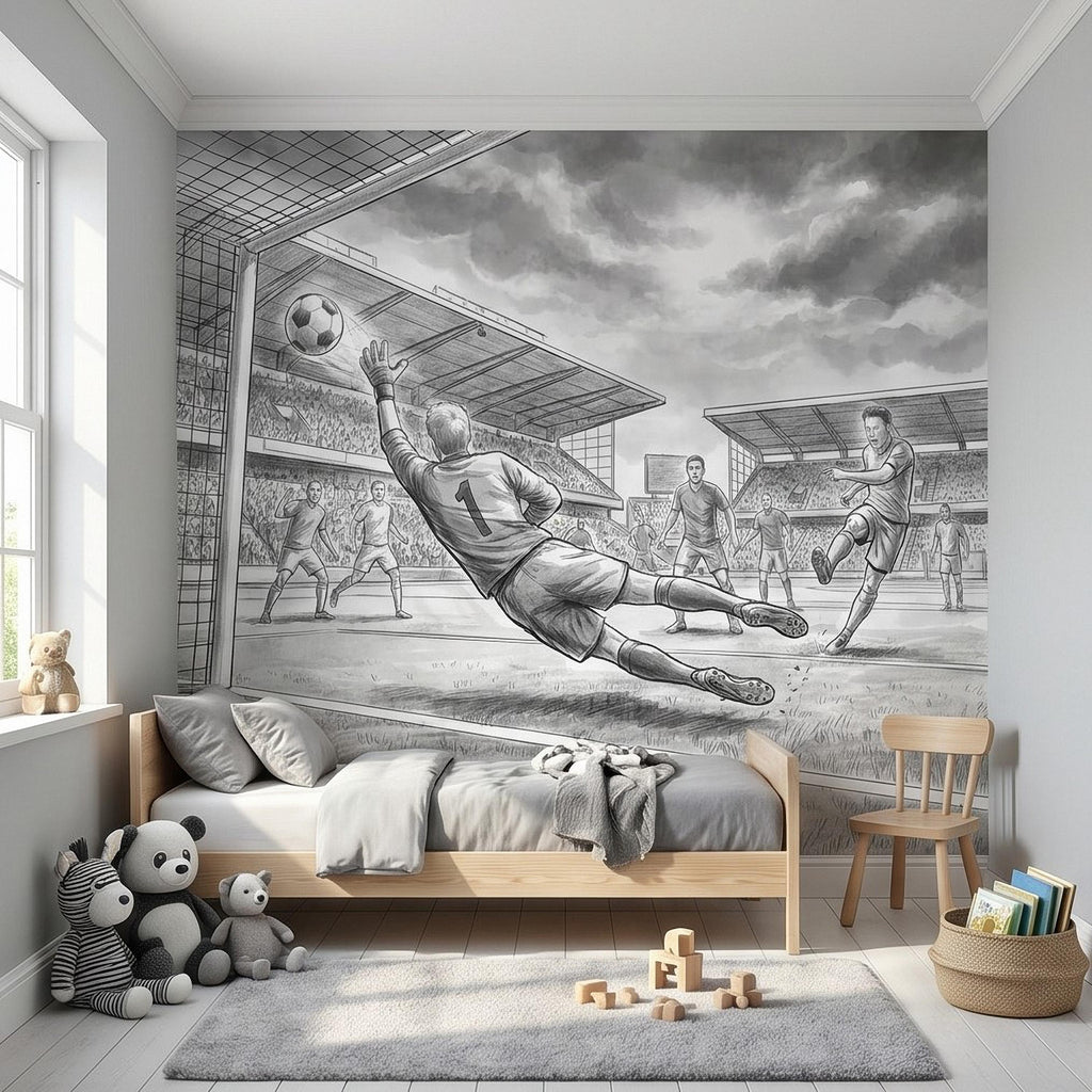 Soccer Peel and Stick Wall Mural, Black and White Action Football Scene with Goalkeeper Save, Boys Room Sports Wallpaper