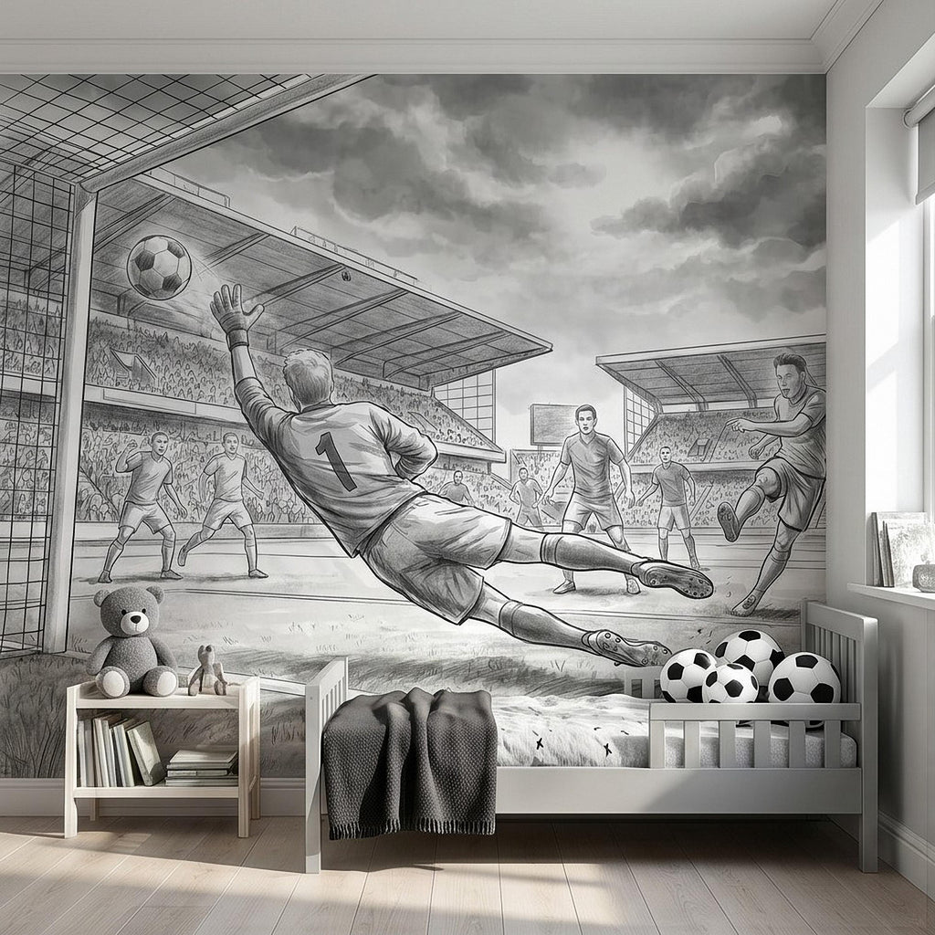 Soccer Peel and Stick Wall Mural, Black and White Action Football Scene with Goalkeeper Save, Boys Room Sports Wallpaper