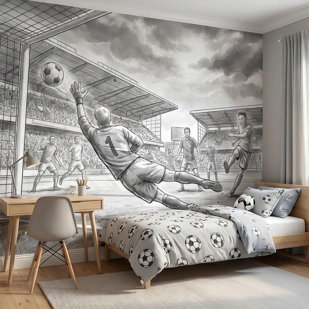 Soccer Peel and Stick Wall Mural, Black and White Action Football Scene with Goalkeeper Save, Boys Room Sports Wallpaper