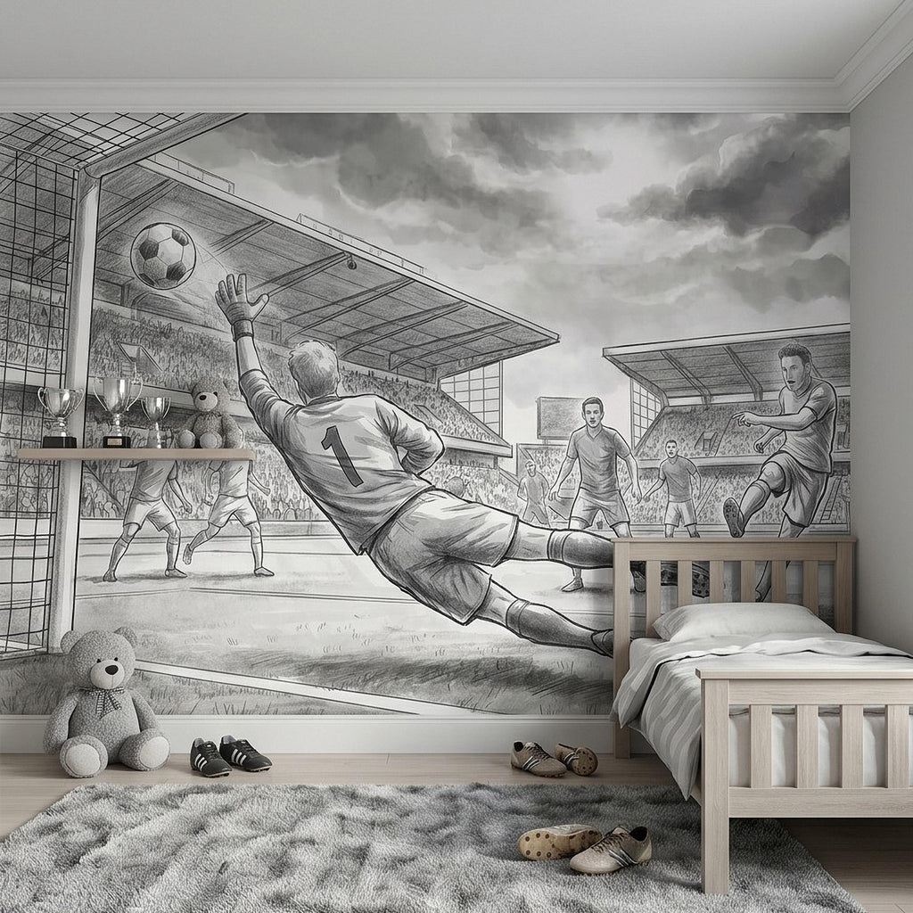 Soccer Peel and Stick Wall Mural, Black and White Action Football Scene with Goalkeeper Save, Boys Room Sports Wallpaper