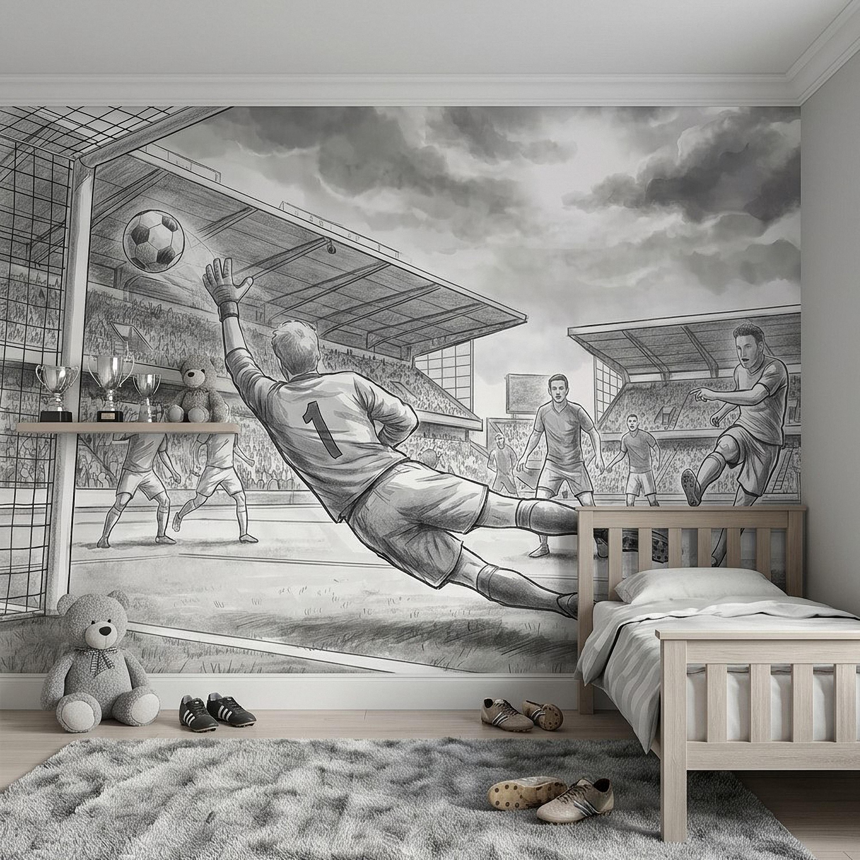 Soccer Peel and Stick Wall Mural, Black and White Action Football Scene with Goalkeeper Save, Boys Room Sports Wallpaper