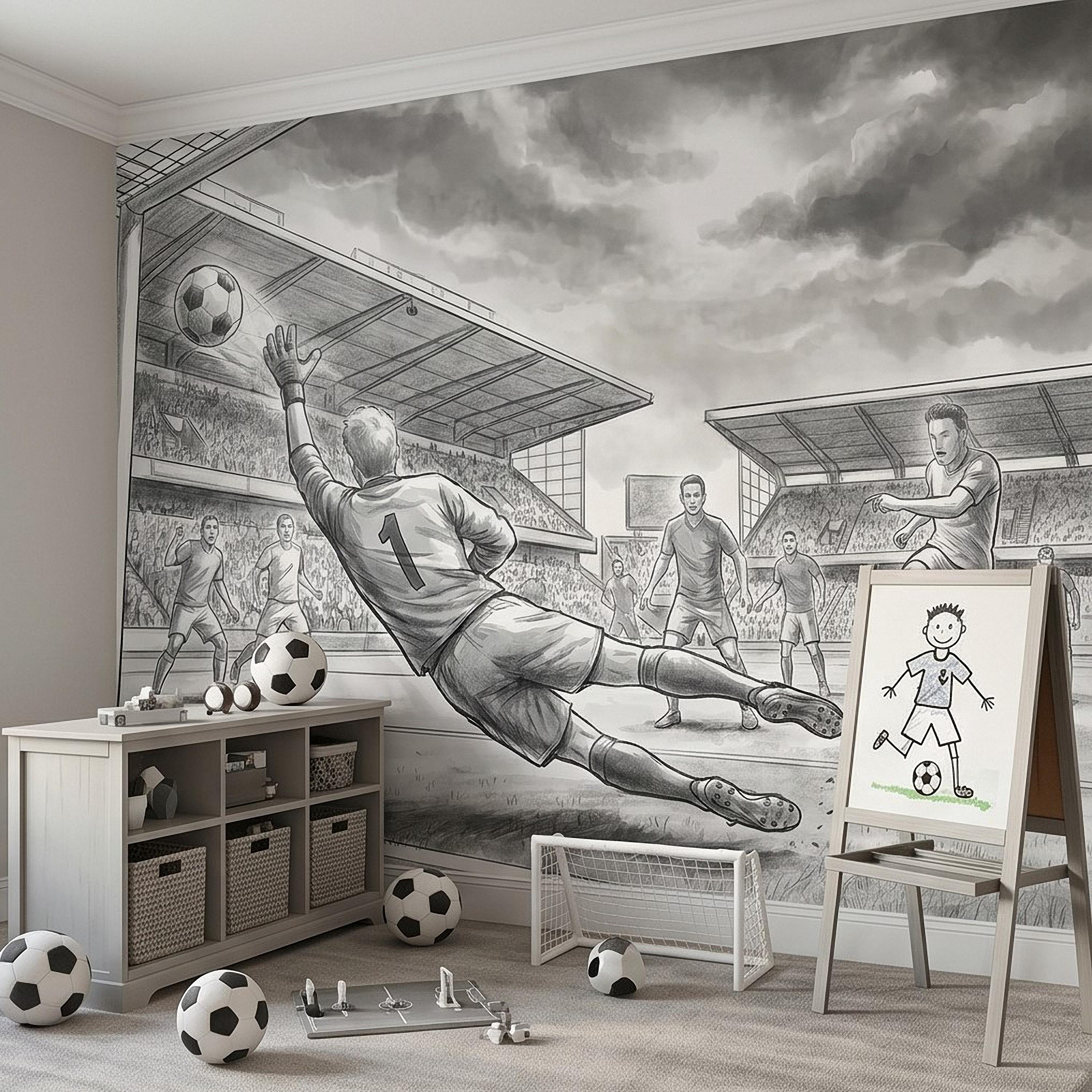 Soccer Peel and Stick Wall Mural, Black and White Action Football Scene with Goalkeeper Save, Boys Room Sports Wallpaper