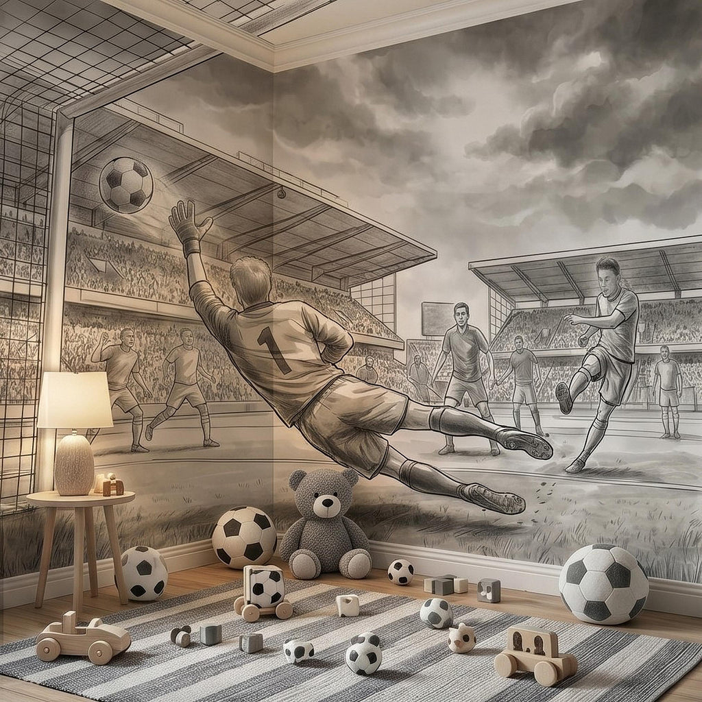 Soccer Peel and Stick Wall Mural, Black and White Action Football Scene with Goalkeeper Save, Boys Room Sports Wallpaper