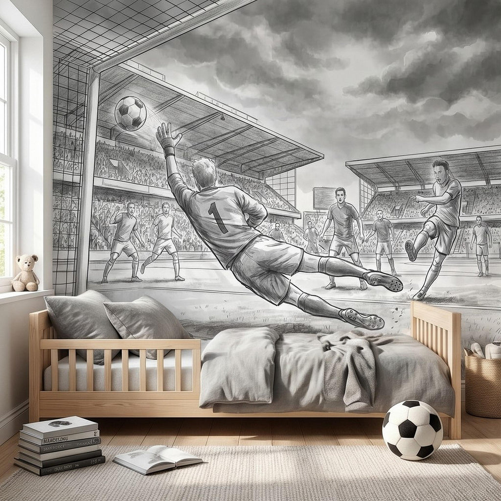 Soccer Peel and Stick Wall Mural, Black and White Action Football Scene with Goalkeeper Save, Boys Room Sports Wallpaper