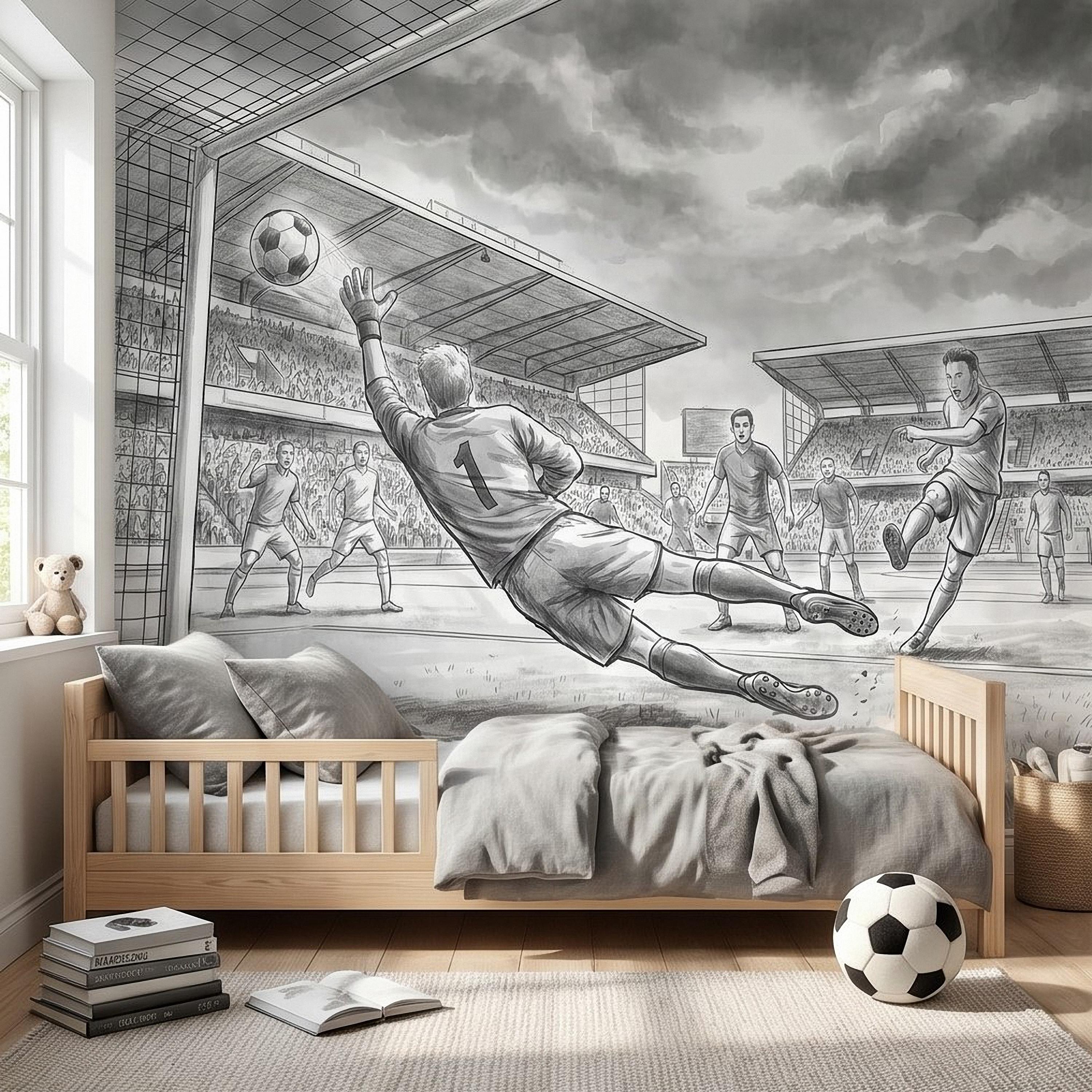 Soccer Peel and Stick Wall Mural, Black and White Action Football Scene with Goalkeeper Save, Boys Room Sports Wallpaper