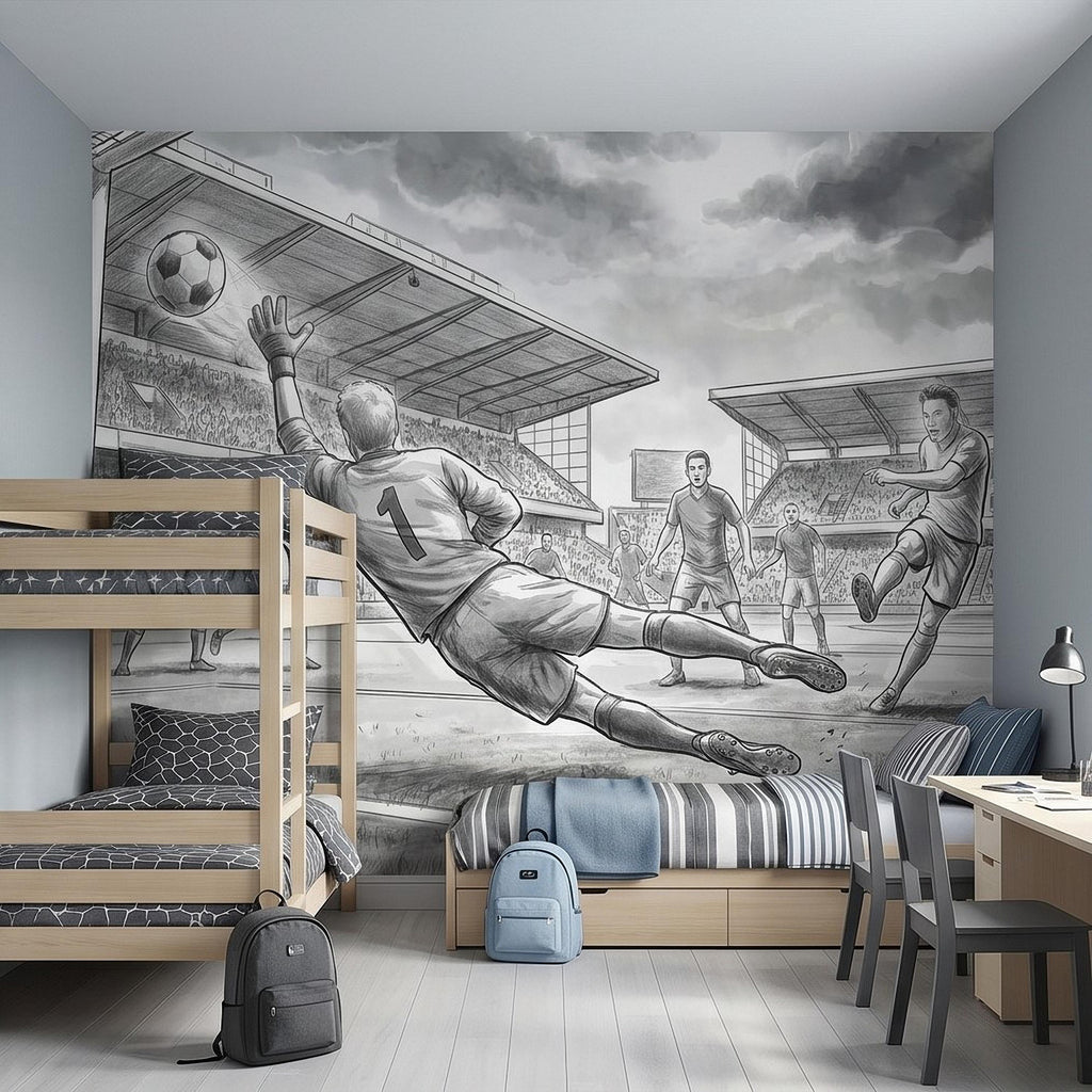Soccer Peel and Stick Wall Mural, Black and White Action Football Scene with Goalkeeper Save, Boys Room Sports Wallpaper