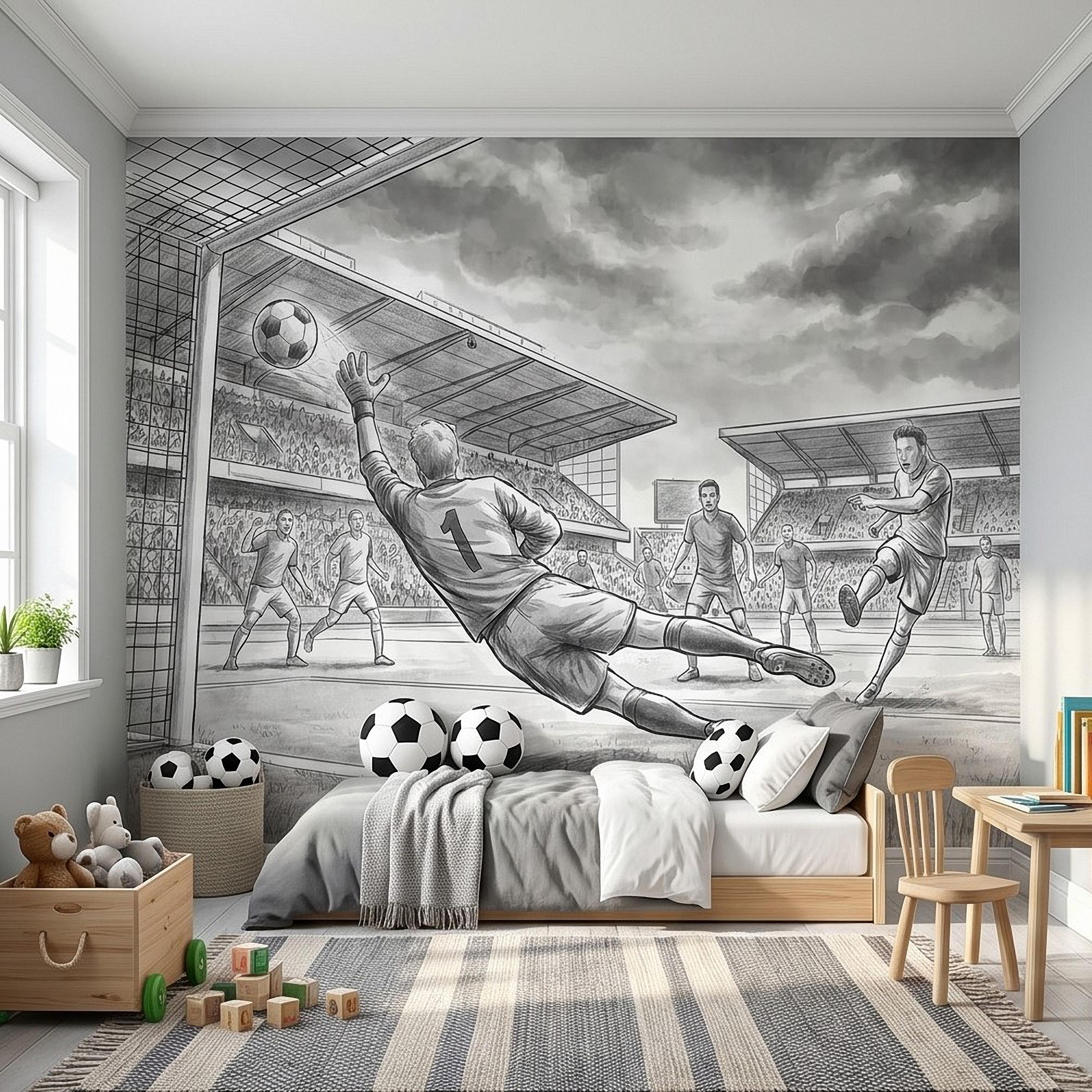 Soccer Peel and Stick Wall Mural, Black and White Action Football Scene with Goalkeeper Save, Boys Room Sports Wallpaper