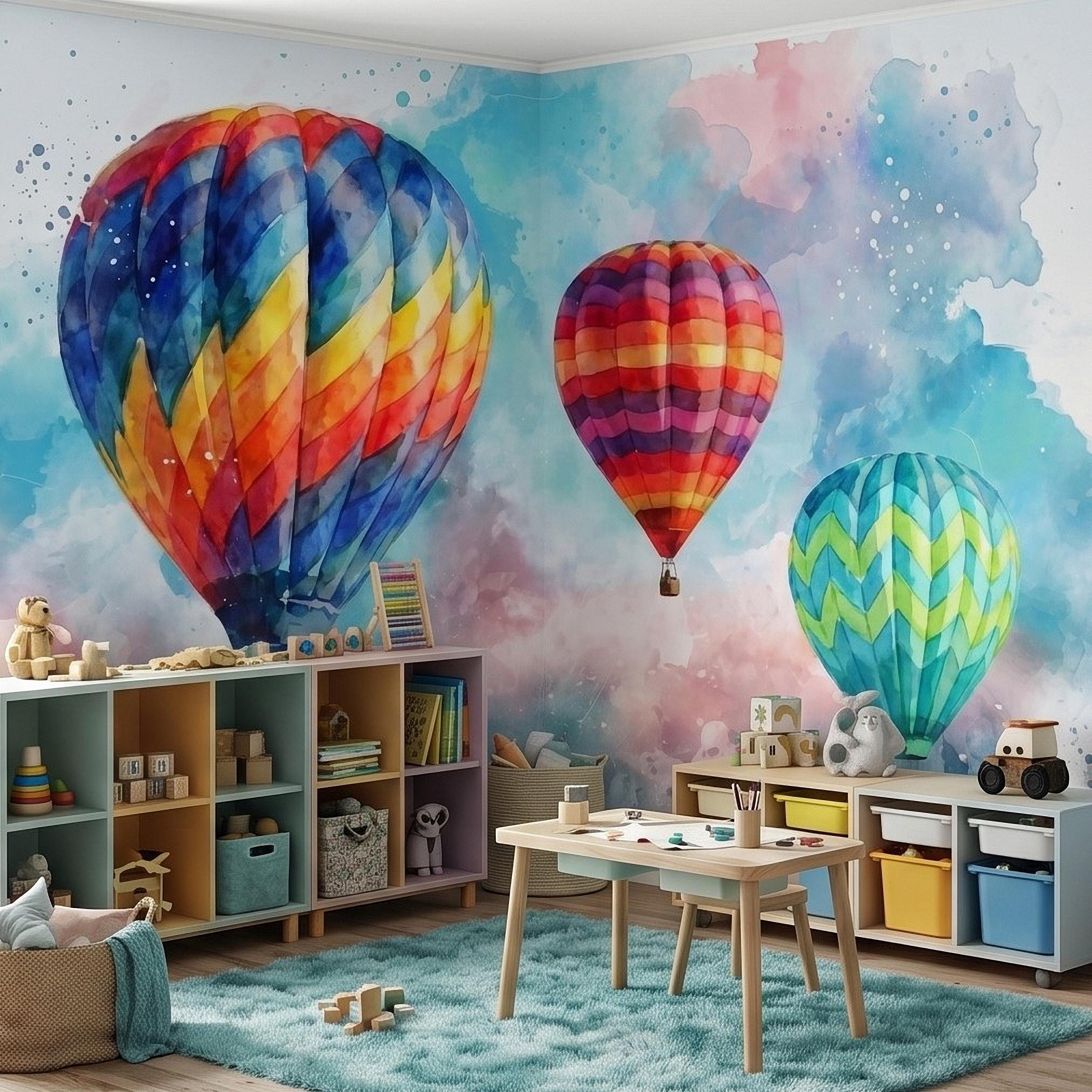 Hot Air Balloon Peel and Stick Wall Mural, Colorful Watercolor Sky with Pastel Clouds, Adventure Nursery Kids Room Wallpaper