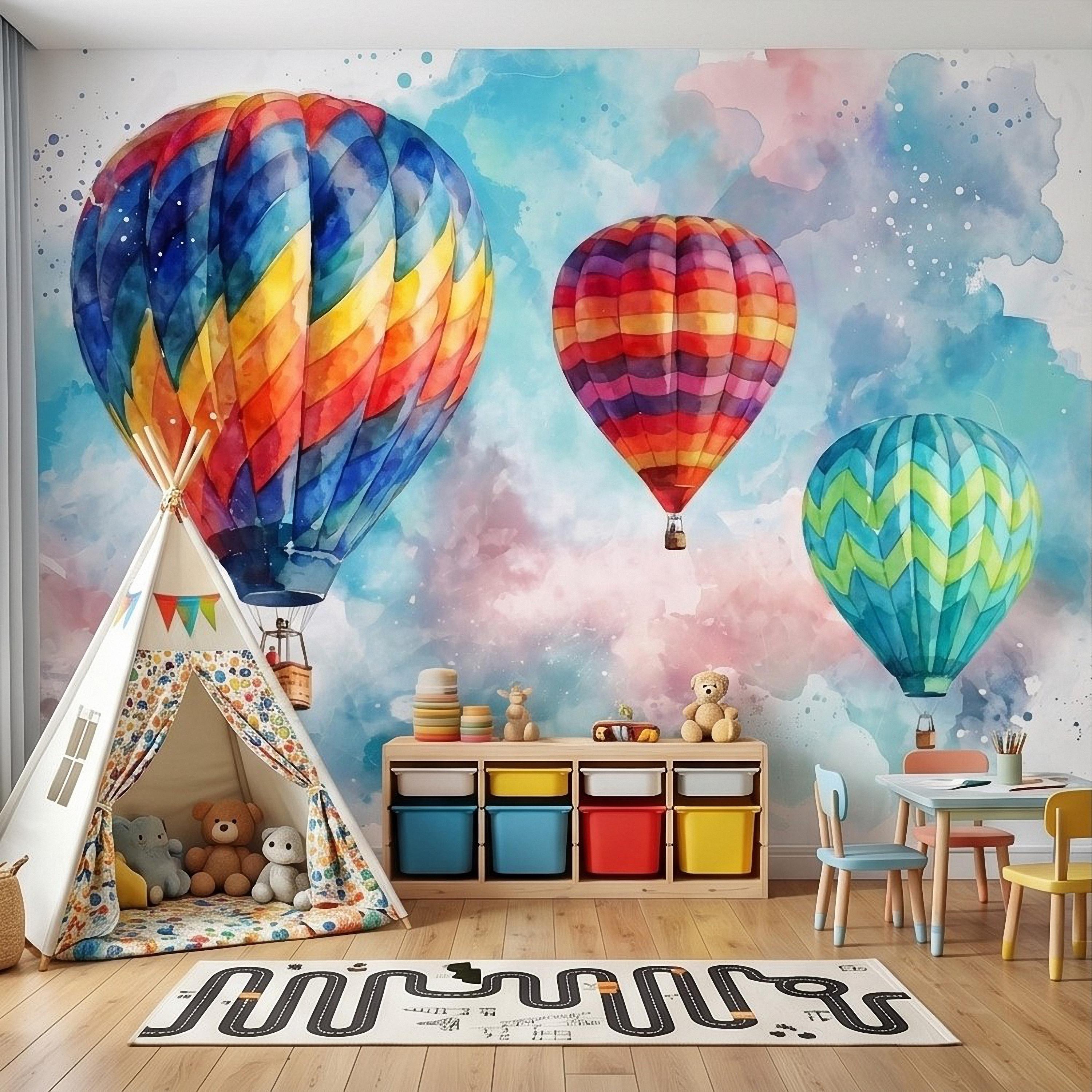 Hot Air Balloon Peel and Stick Wall Mural, Colorful Watercolor Sky with Pastel Clouds, Adventure Nursery Kids Room Wallpaper