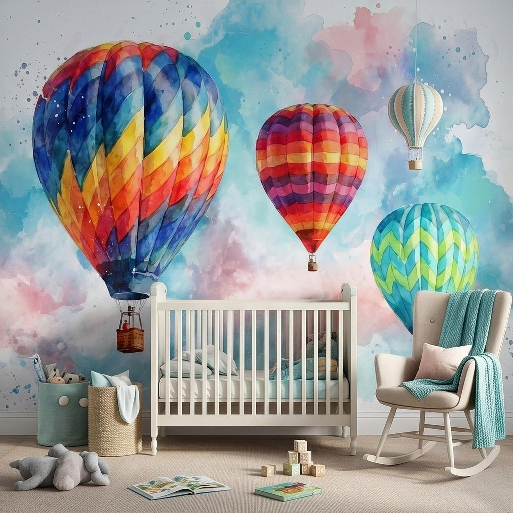 Hot Air Balloon Peel and Stick Wall Mural, Colorful Watercolor Sky with Pastel Clouds, Adventure Nursery Kids Room Wallpaper