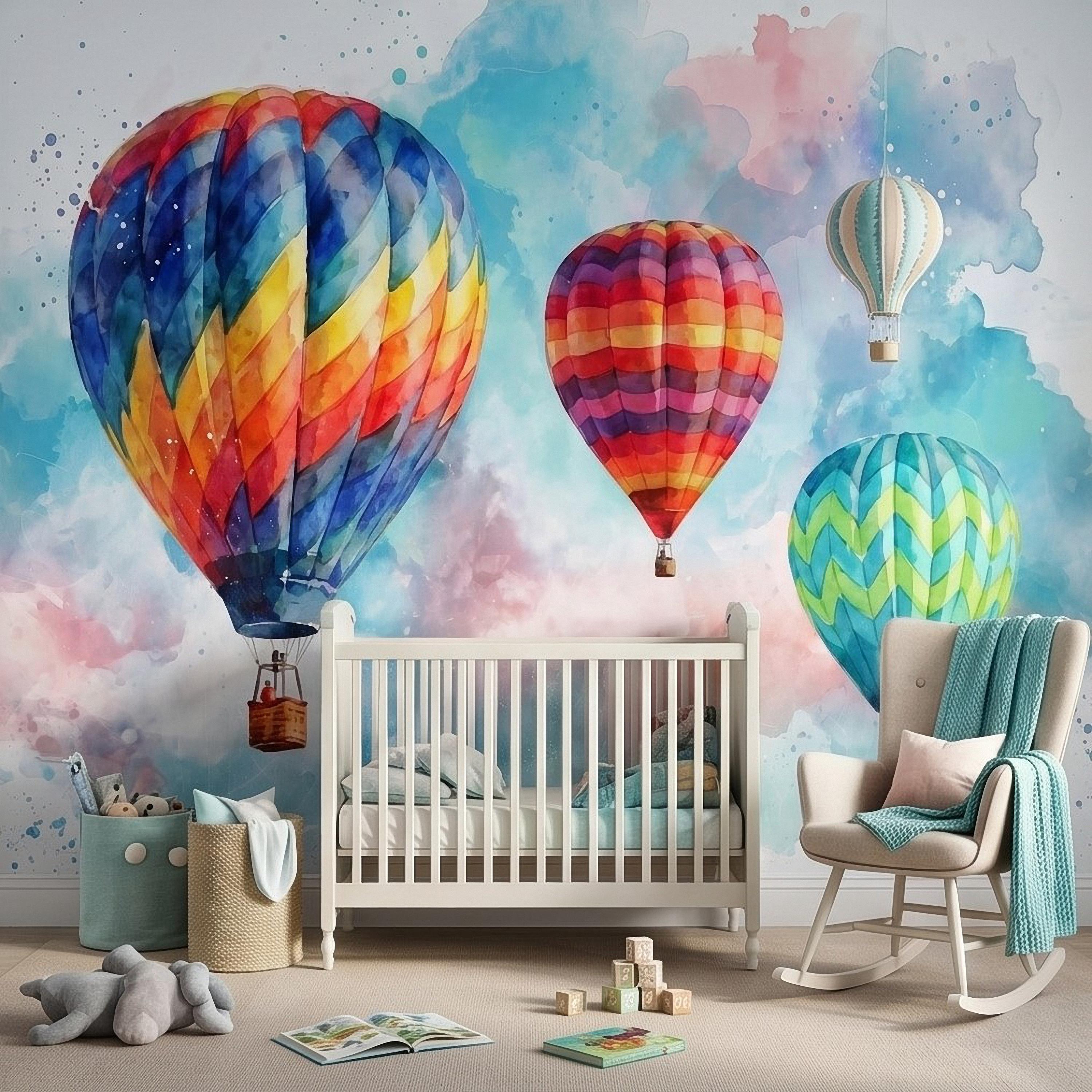 Hot Air Balloon Peel and Stick Wall Mural, Colorful Watercolor Sky with Pastel Clouds, Adventure Nursery Kids Room Wallpaper