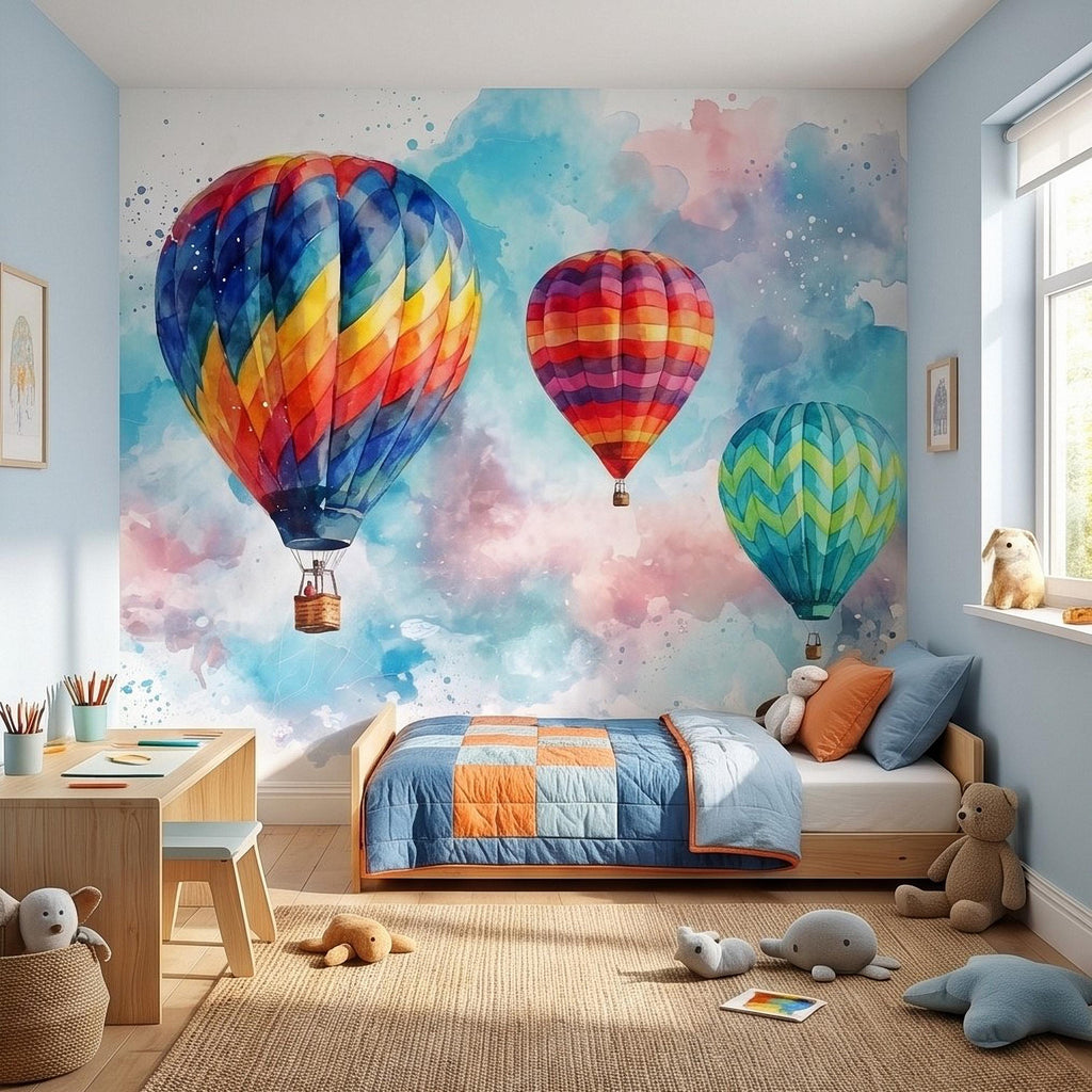 Hot Air Balloon Peel and Stick Wall Mural, Colorful Watercolor Sky with Pastel Clouds, Adventure Nursery Kids Room Wallpaper