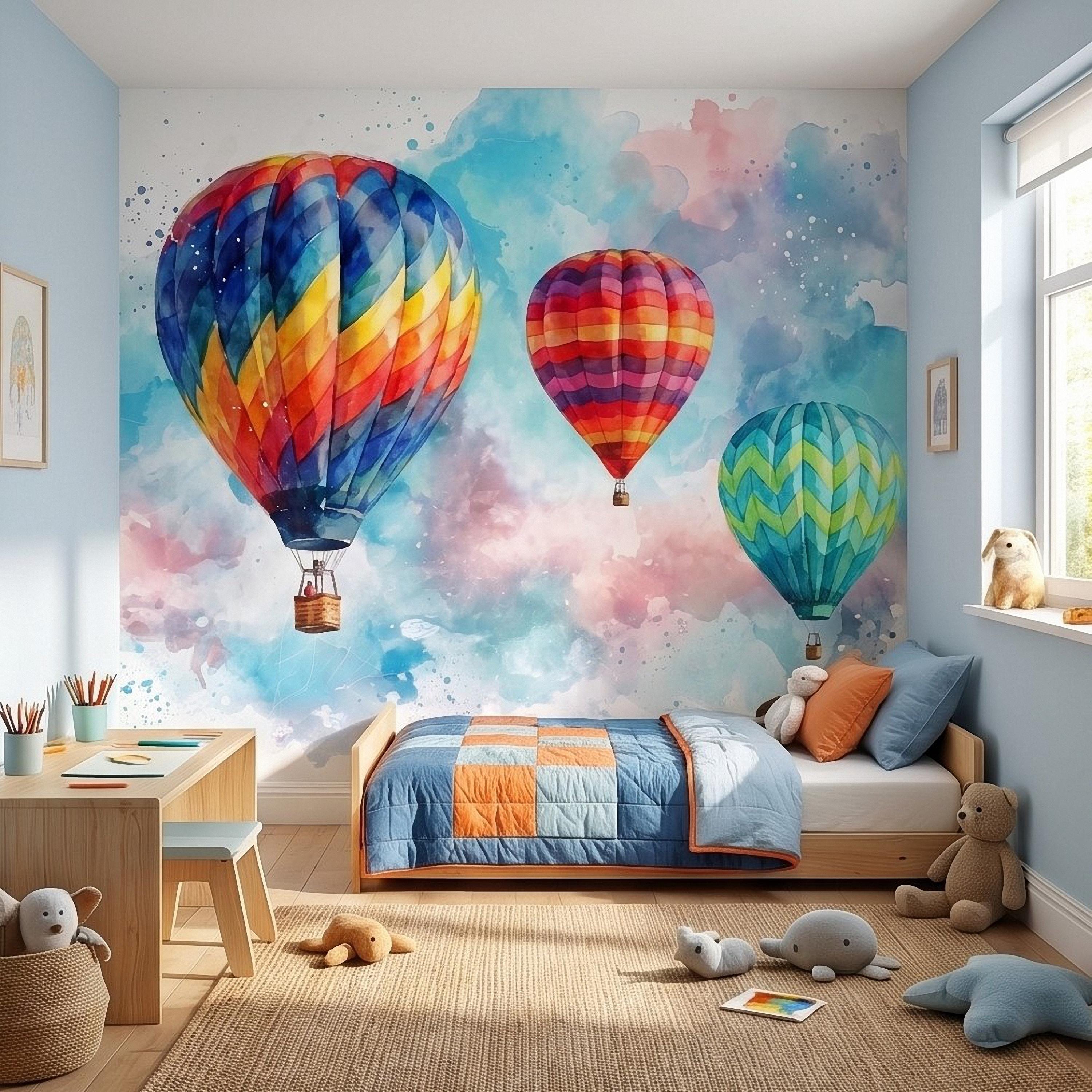 Hot Air Balloon Peel and Stick Wall Mural, Colorful Watercolor Sky with Pastel Clouds, Adventure Nursery Kids Room Wallpaper