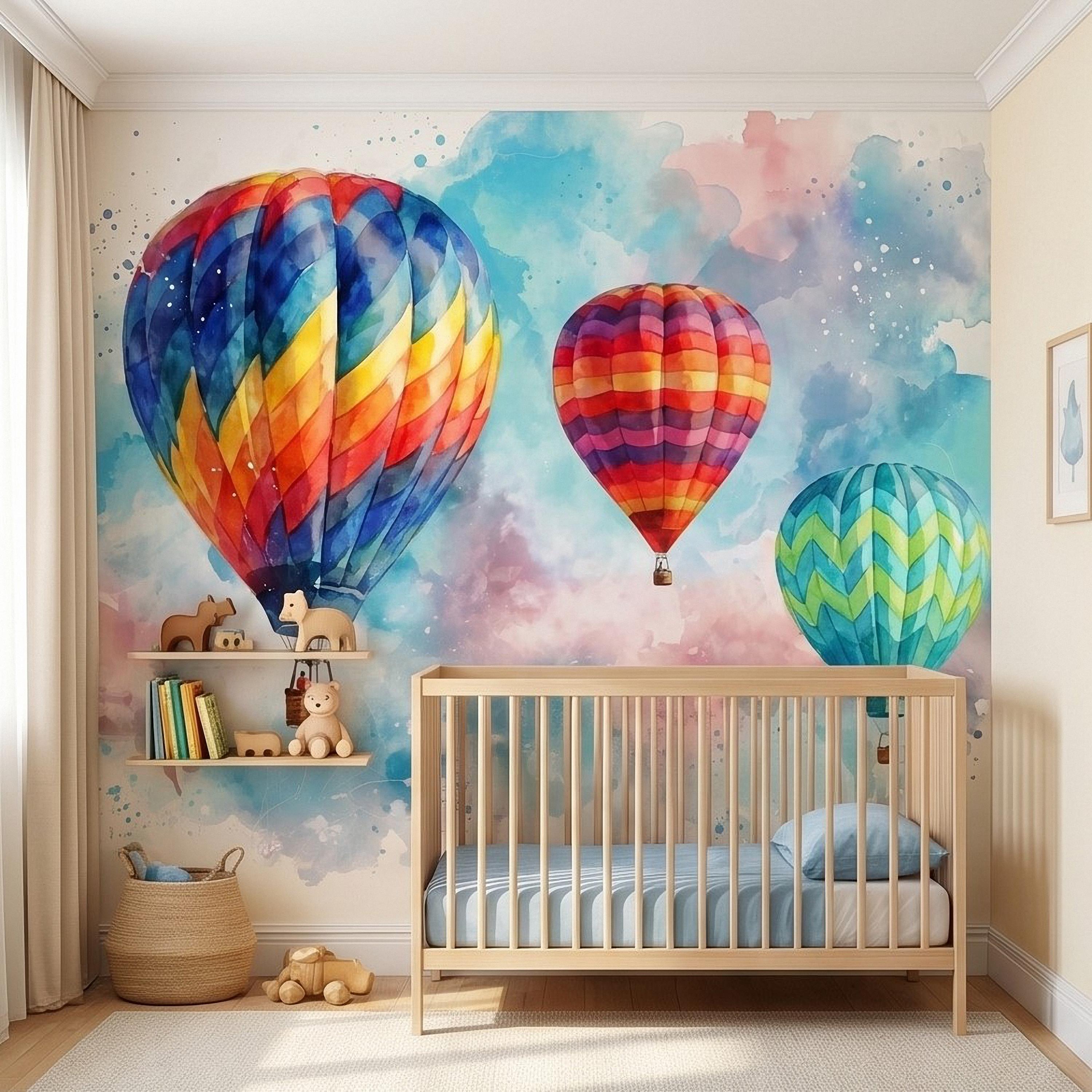 Hot Air Balloon Peel and Stick Wall Mural, Colorful Watercolor Sky with Pastel Clouds, Adventure Nursery Kids Room Wallpaper