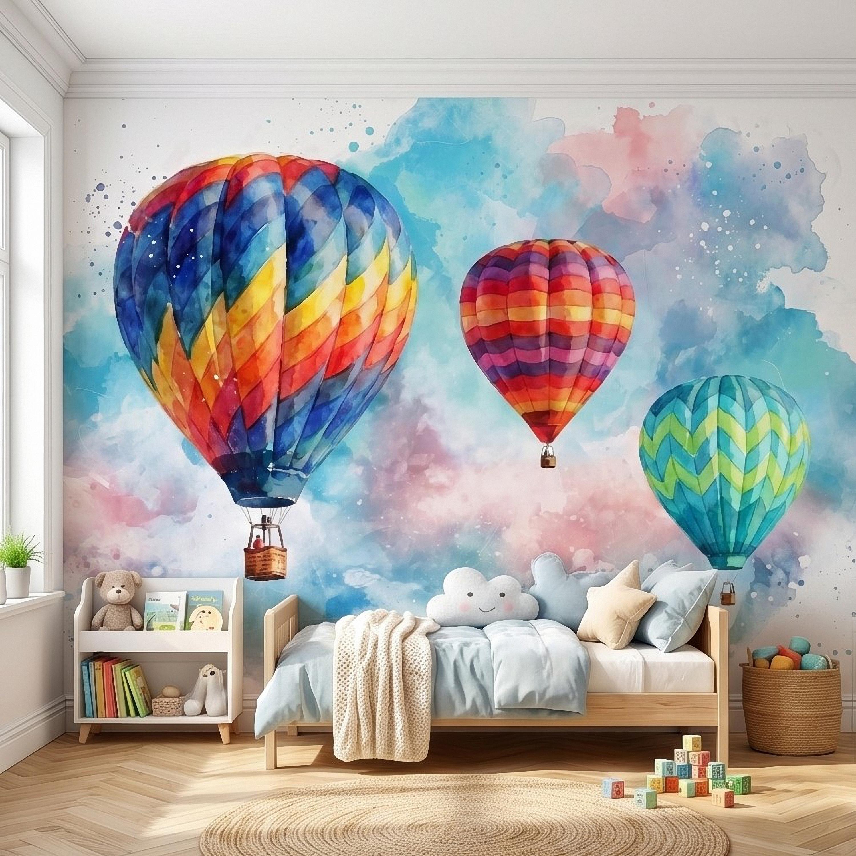 Hot Air Balloon Peel and Stick Wall Mural, Colorful Watercolor Sky with Pastel Clouds, Adventure Nursery Kids Room Wallpaper