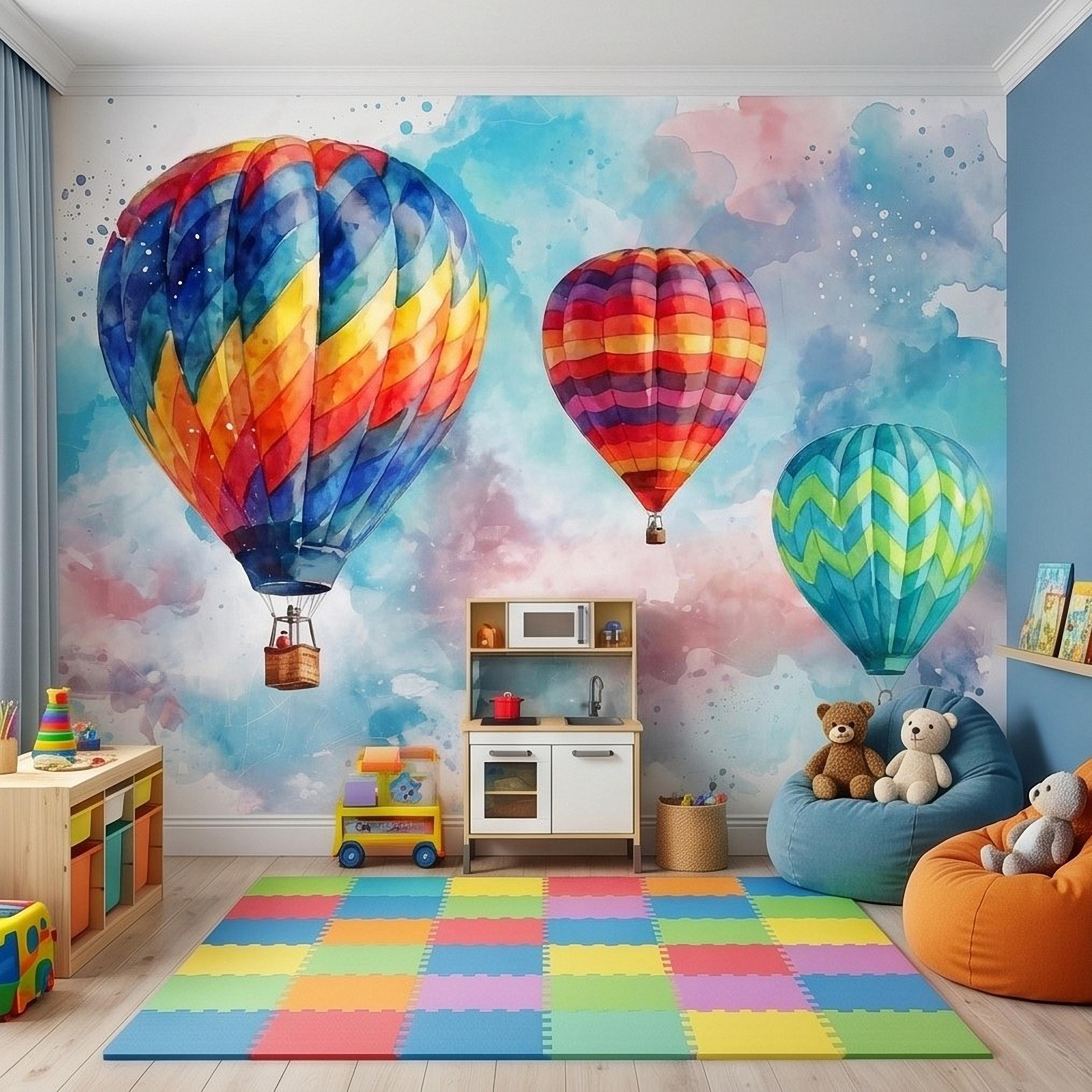 Hot Air Balloon Peel and Stick Wall Mural, Colorful Watercolor Sky with Pastel Clouds, Adventure Nursery Kids Room Wallpaper