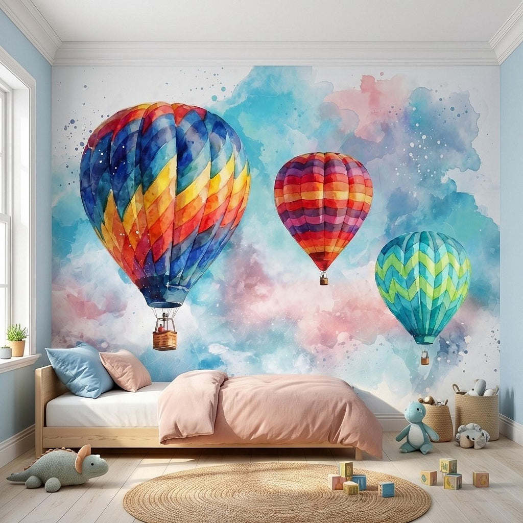 Hot Air Balloon Peel and Stick Wall Mural, Colorful Watercolor Sky with Pastel Clouds, Adventure Nursery Kids Room Wallpaper