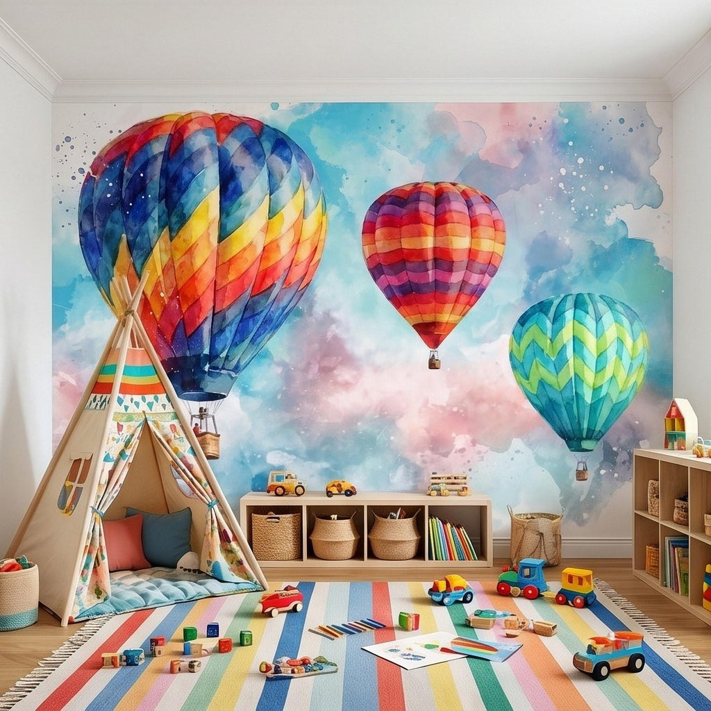 Hot Air Balloon Peel and Stick Wall Mural, Colorful Watercolor Sky with Pastel Clouds, Adventure Nursery Kids Room Wallpaper
