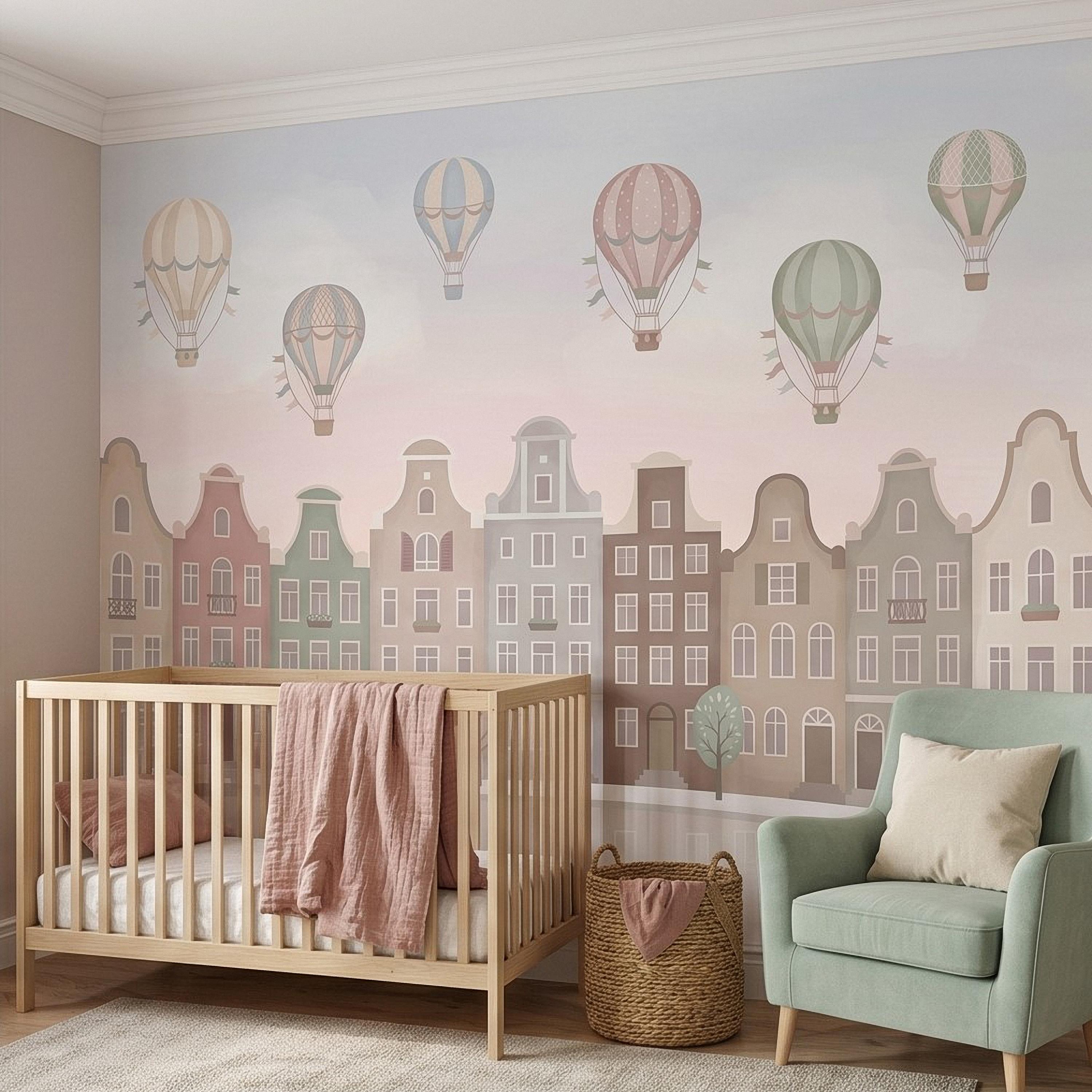 Pastel Amsterdam Canal Houses Peel and Stick Wall Mural for Kids, European Storybook Town with Hot Air Balloons Nursery Wallpaper