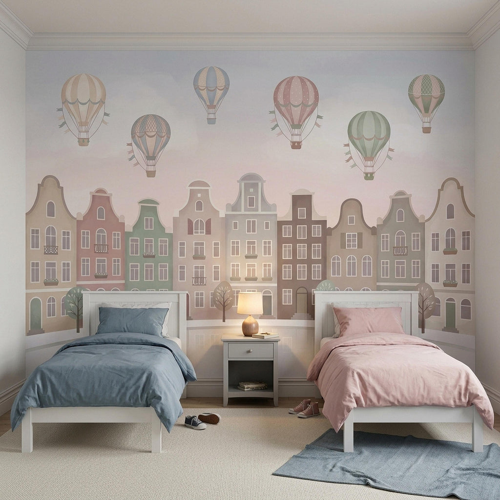 Pastel Amsterdam Canal Houses Peel and Stick Wall Mural for Kids, European Storybook Town with Hot Air Balloons Nursery Wallpaper