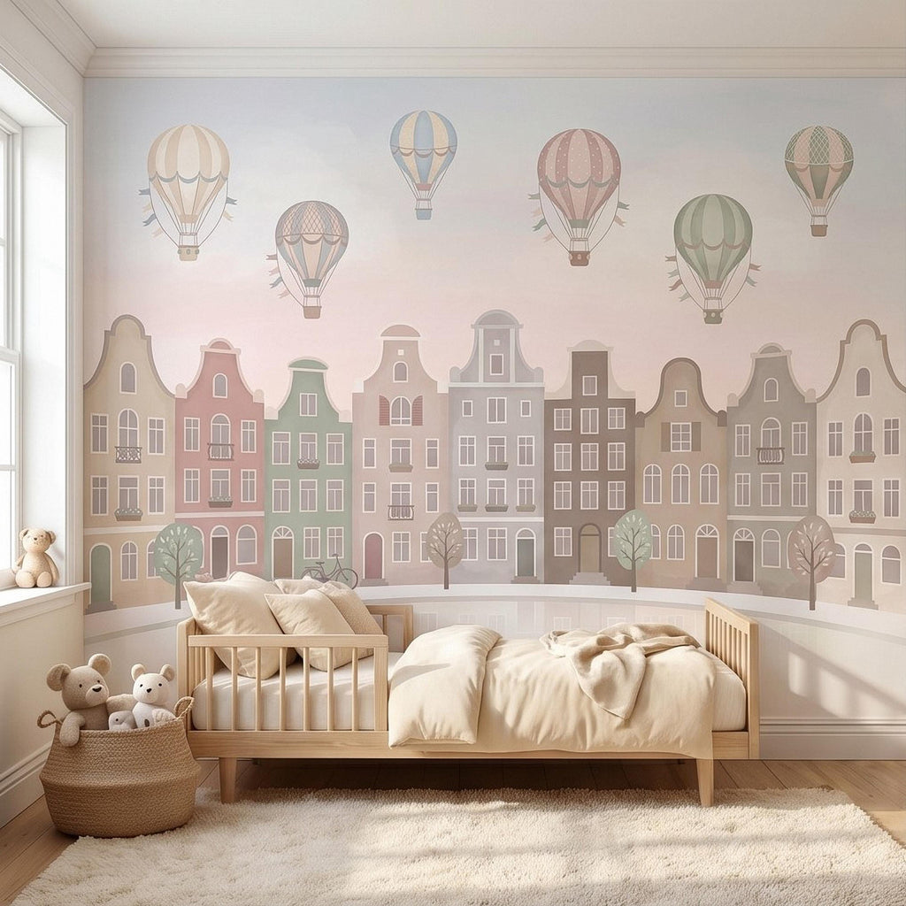 Pastel Amsterdam Canal Houses Peel and Stick Wall Mural for Kids, European Storybook Town with Hot Air Balloons Nursery Wallpaper