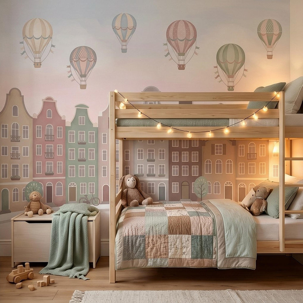 Pastel Amsterdam Canal Houses Peel and Stick Wall Mural for Kids, European Storybook Town with Hot Air Balloons Nursery Wallpaper