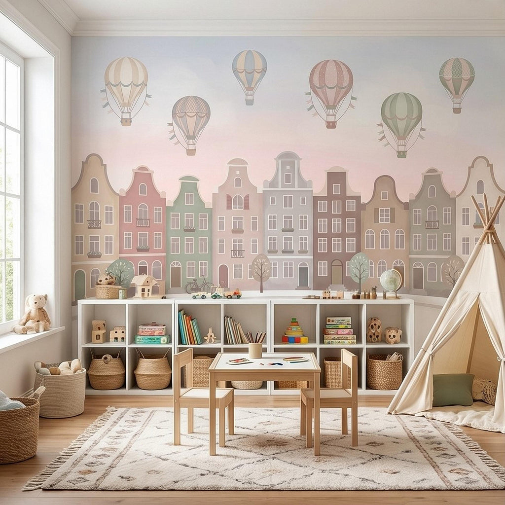 Pastel Amsterdam Canal Houses Peel and Stick Wall Mural for Kids, European Storybook Town with Hot Air Balloons Nursery Wallpaper